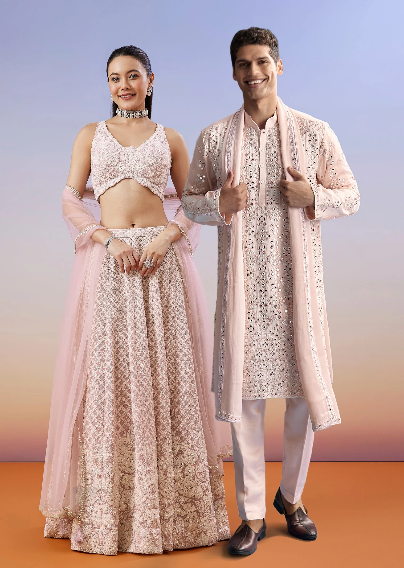 Baby Pink Pastel Duo – Embroidered Lehenga For Her And Mirror Work Kurta Set For Him