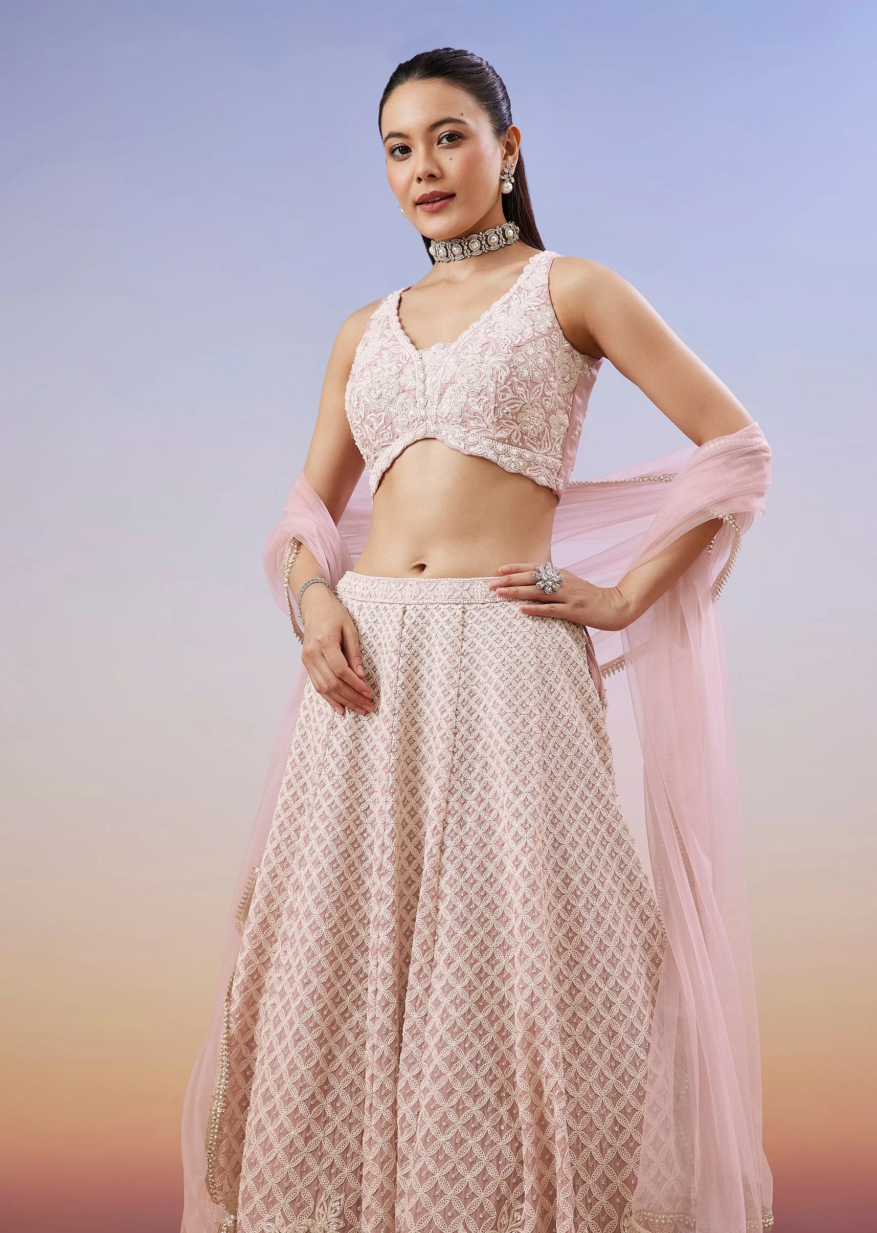 Baby Pink Pastel Duo – Embroidered Lehenga For Her And Mirror Work Kurta Set For Him - Image 3