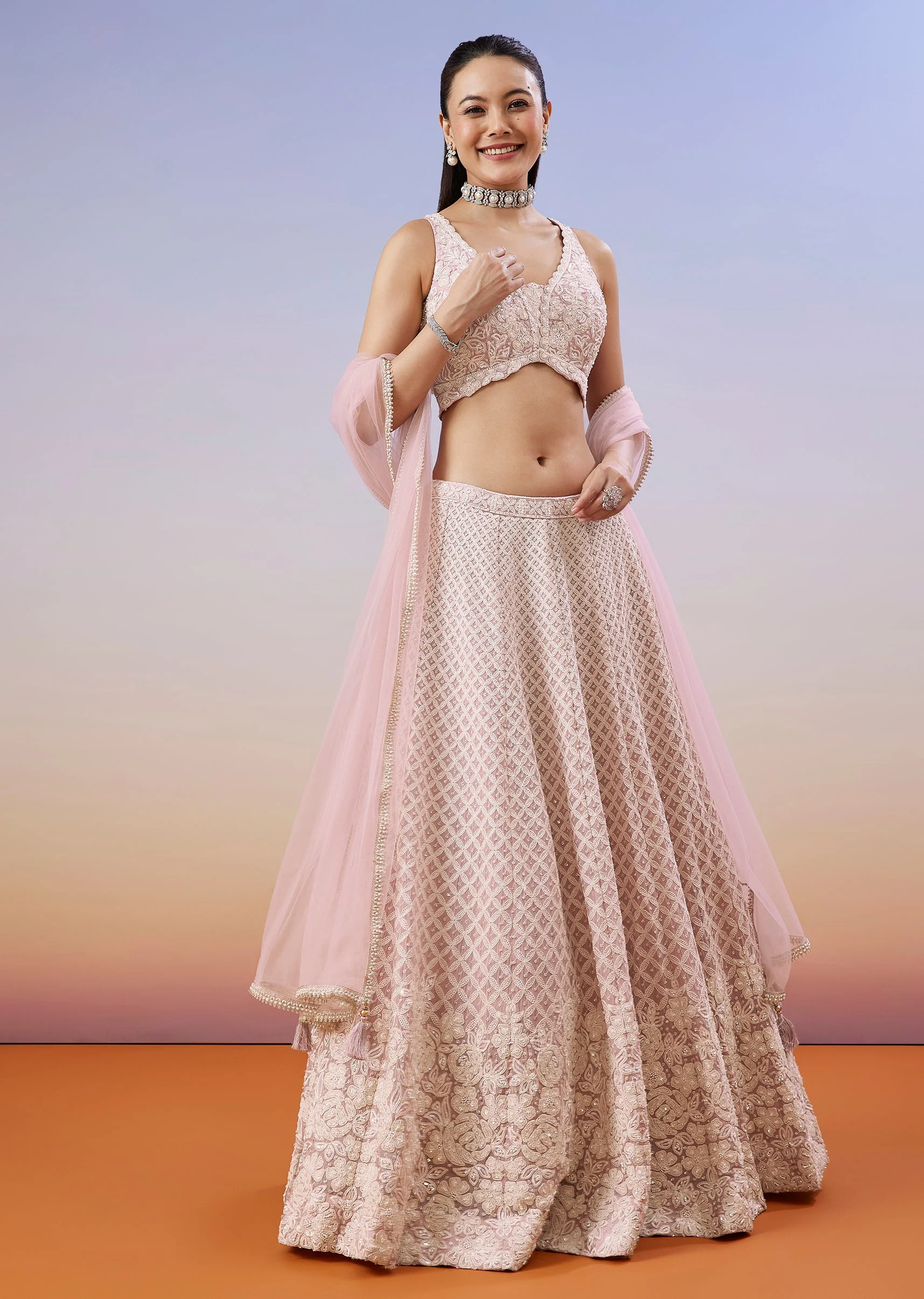 Baby Pink Pastel Duo – Embroidered Lehenga For Her And Mirror Work Kurta Set For Him - Image 5