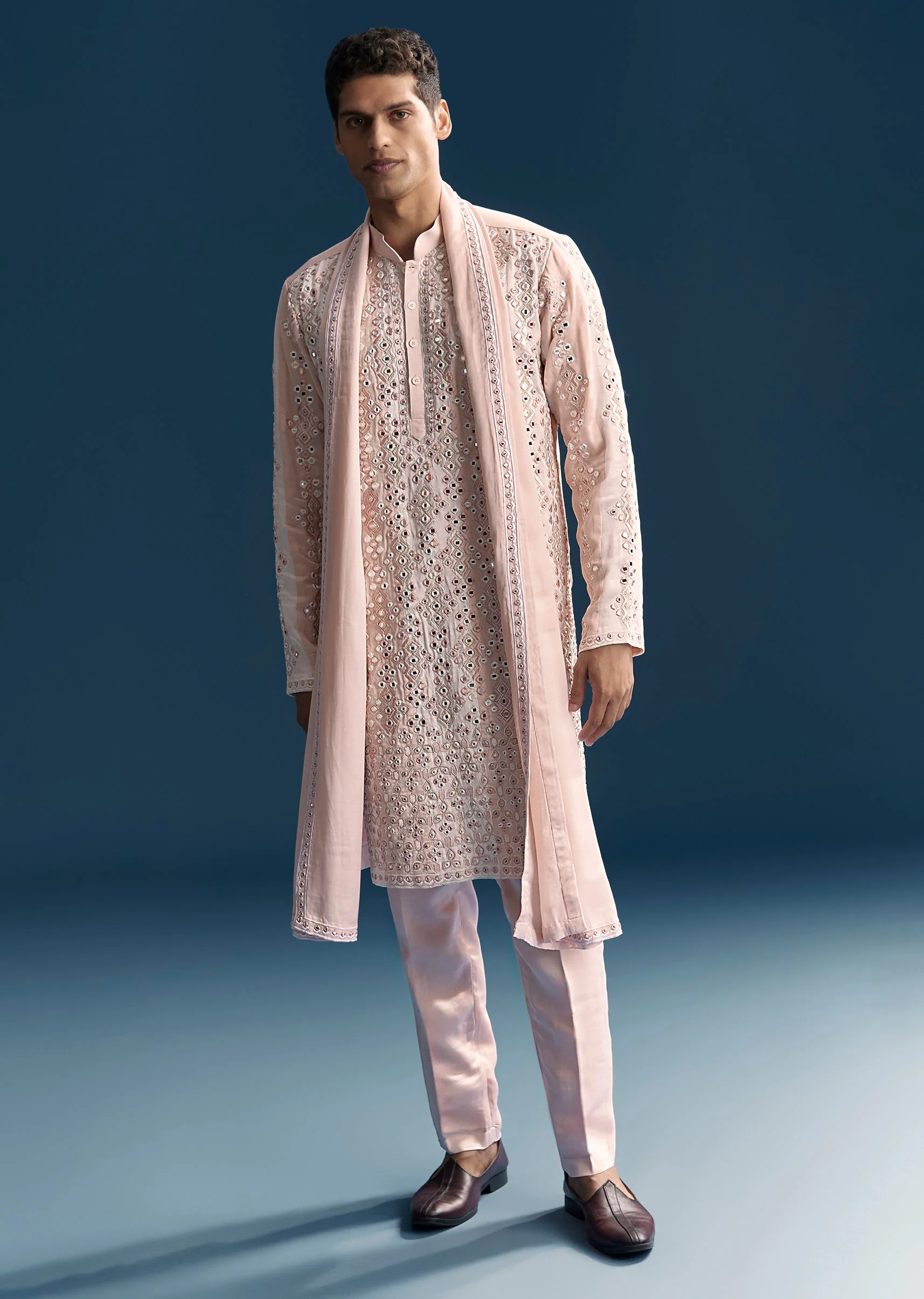 Baby Pink Pastel Duo – Embroidered Lehenga For Her And Mirror Work Kurta Set For Him - Image 8