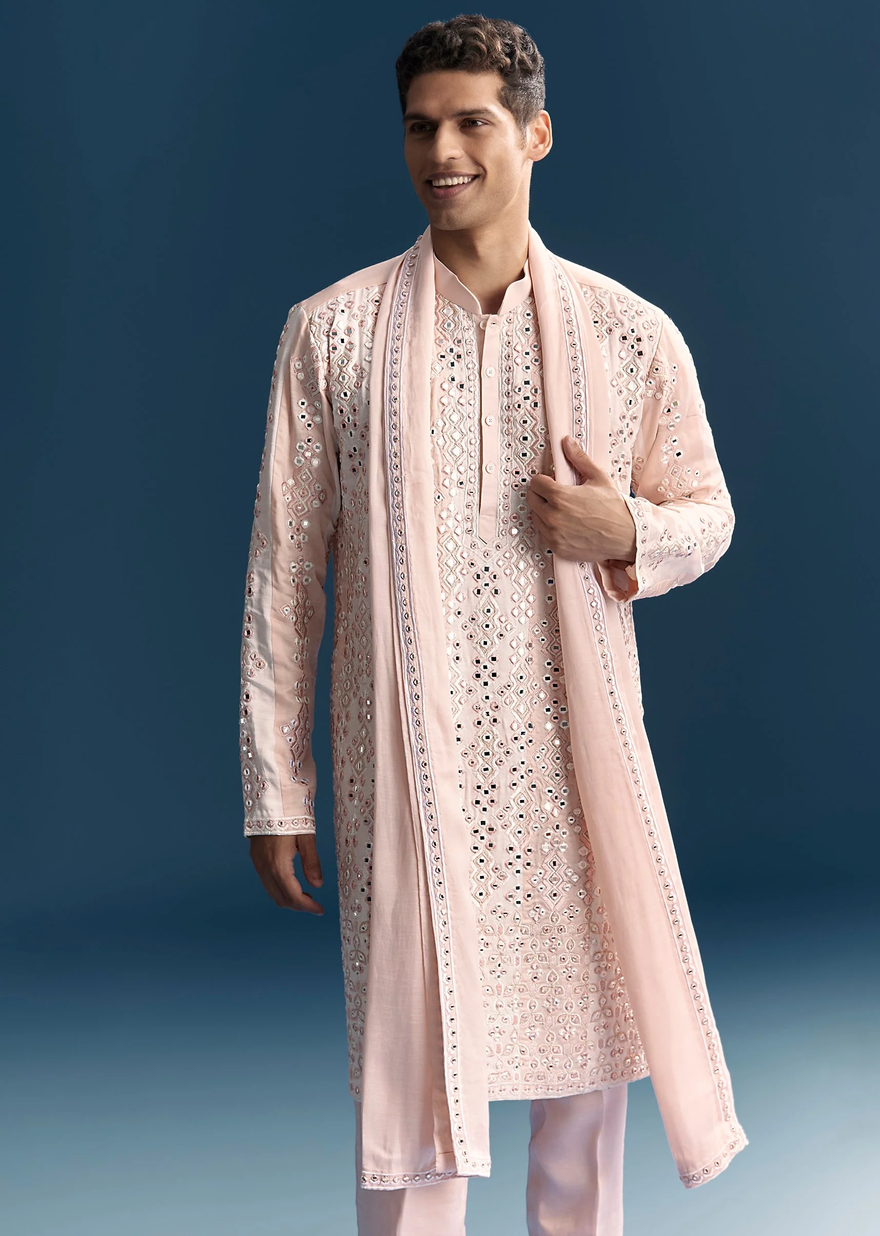Baby Pink Pastel Duo – Embroidered Lehenga For Her And Mirror Work Kurta Set For Him - Image 9