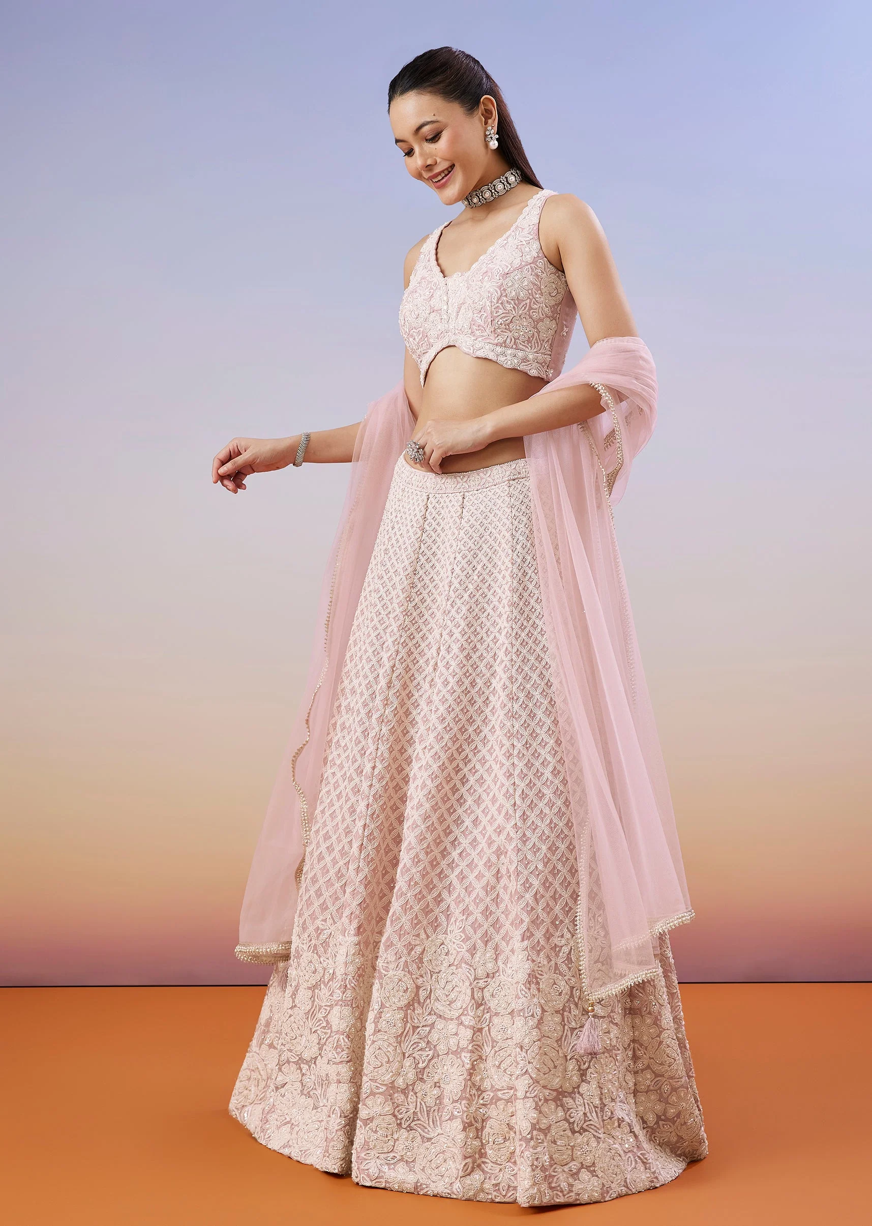 Baby Pink Pastel Lehenga With Thread And Bead Work - Image 6