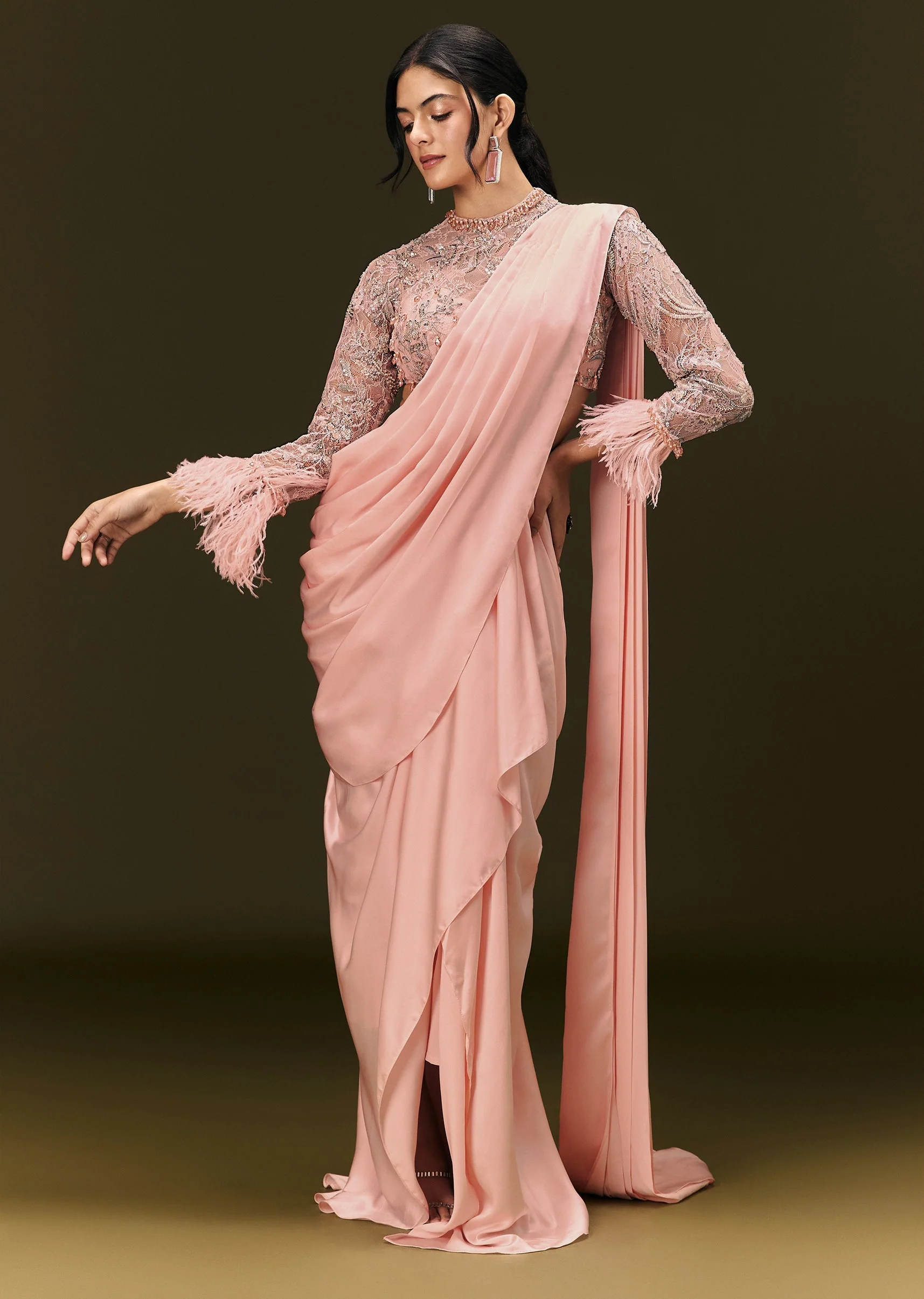 Baby Pink Ready To Wear Satin Saree With High Neck Full Sleeve Blouse - Image 4