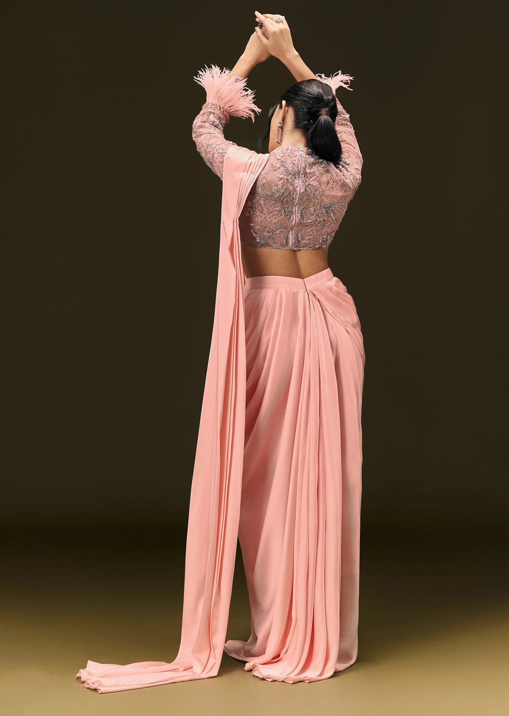 Baby Pink Ready To Wear Satin Saree With High Neck Full Sleeve Blouse - Image 5