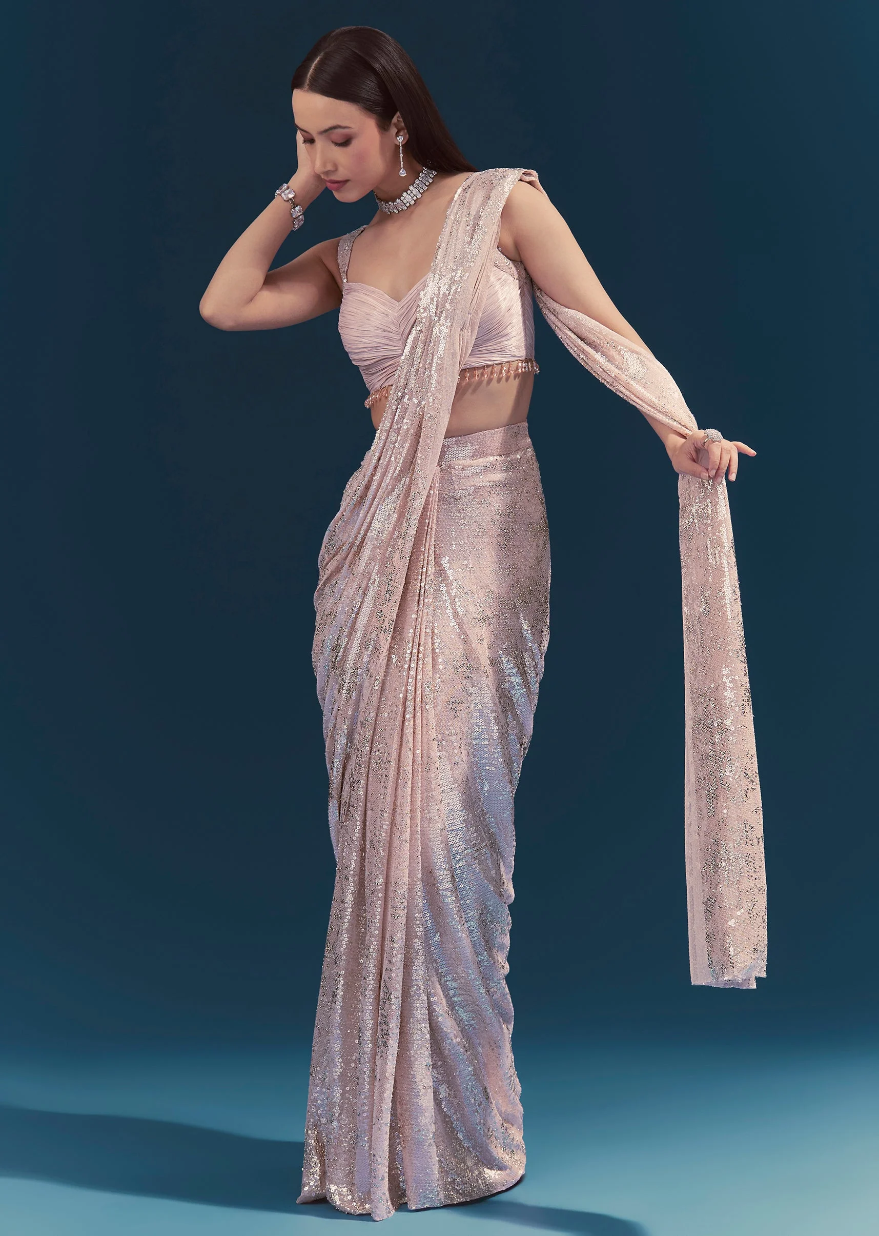 Baby Pink Sequin Foil Ready Pleated Saree Set With Ruching Blouse