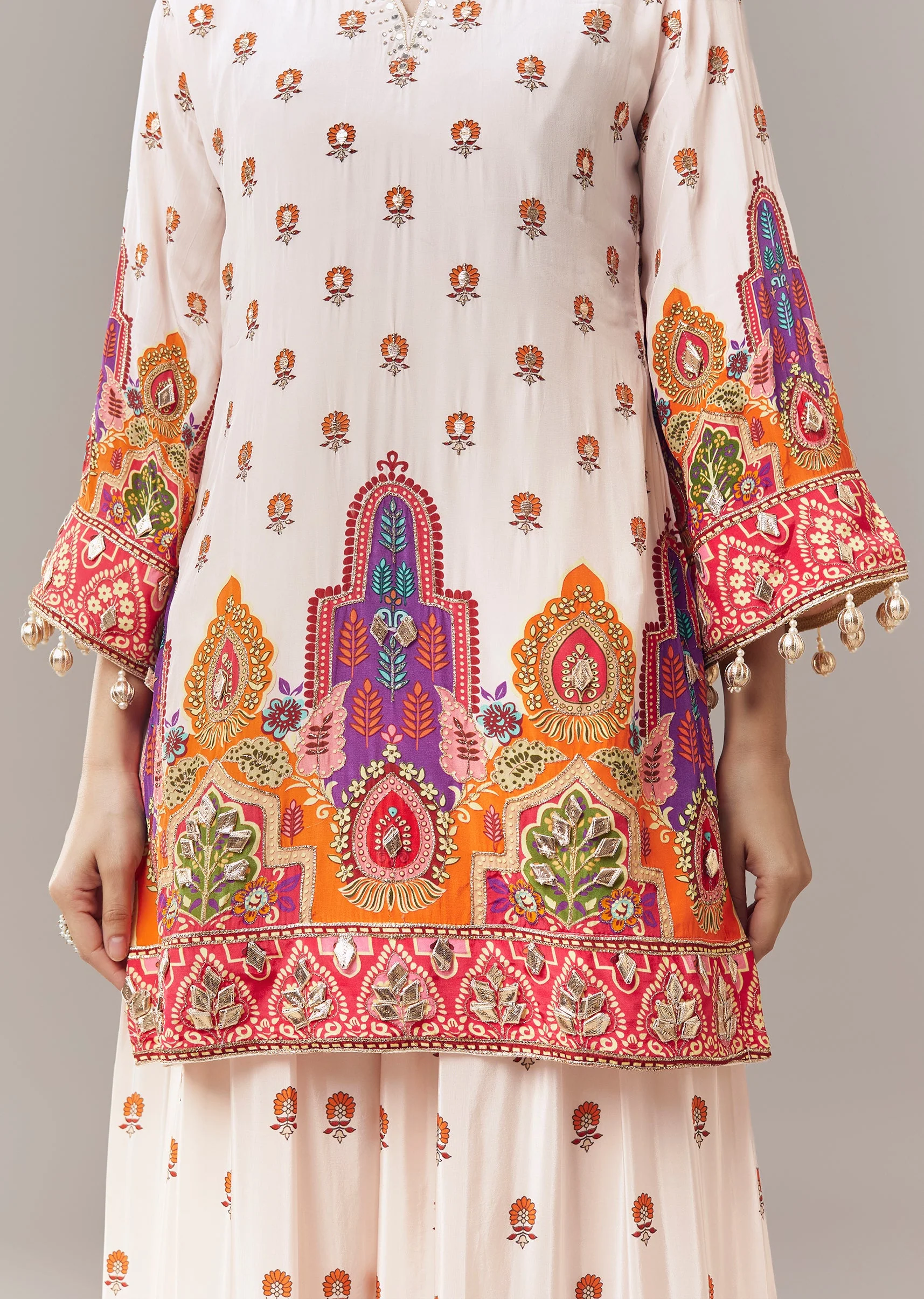 Baby Pink Sharara Suit In Indie Print With Mirror And Gotta Work And Dupatta - Image 2