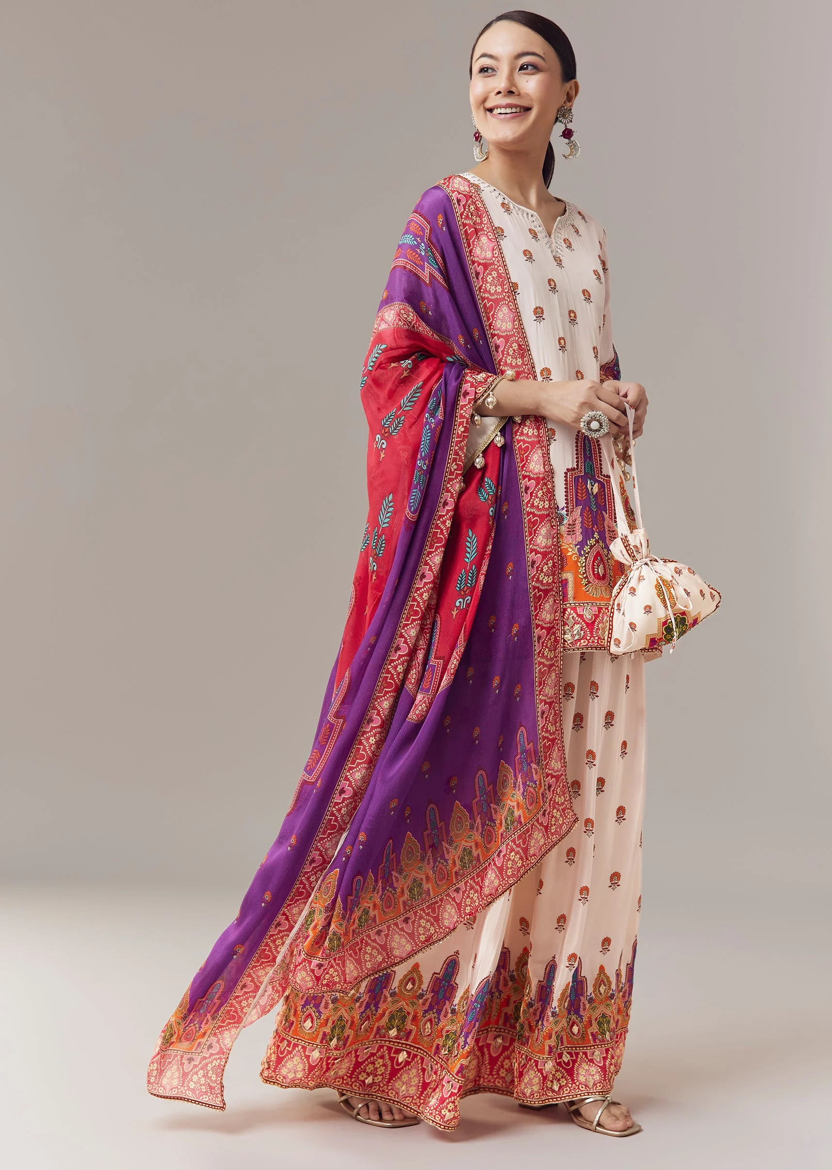 Baby Pink Sharara Suit In Indie Print With Mirror And Gotta Work And Dupatta - Image 3