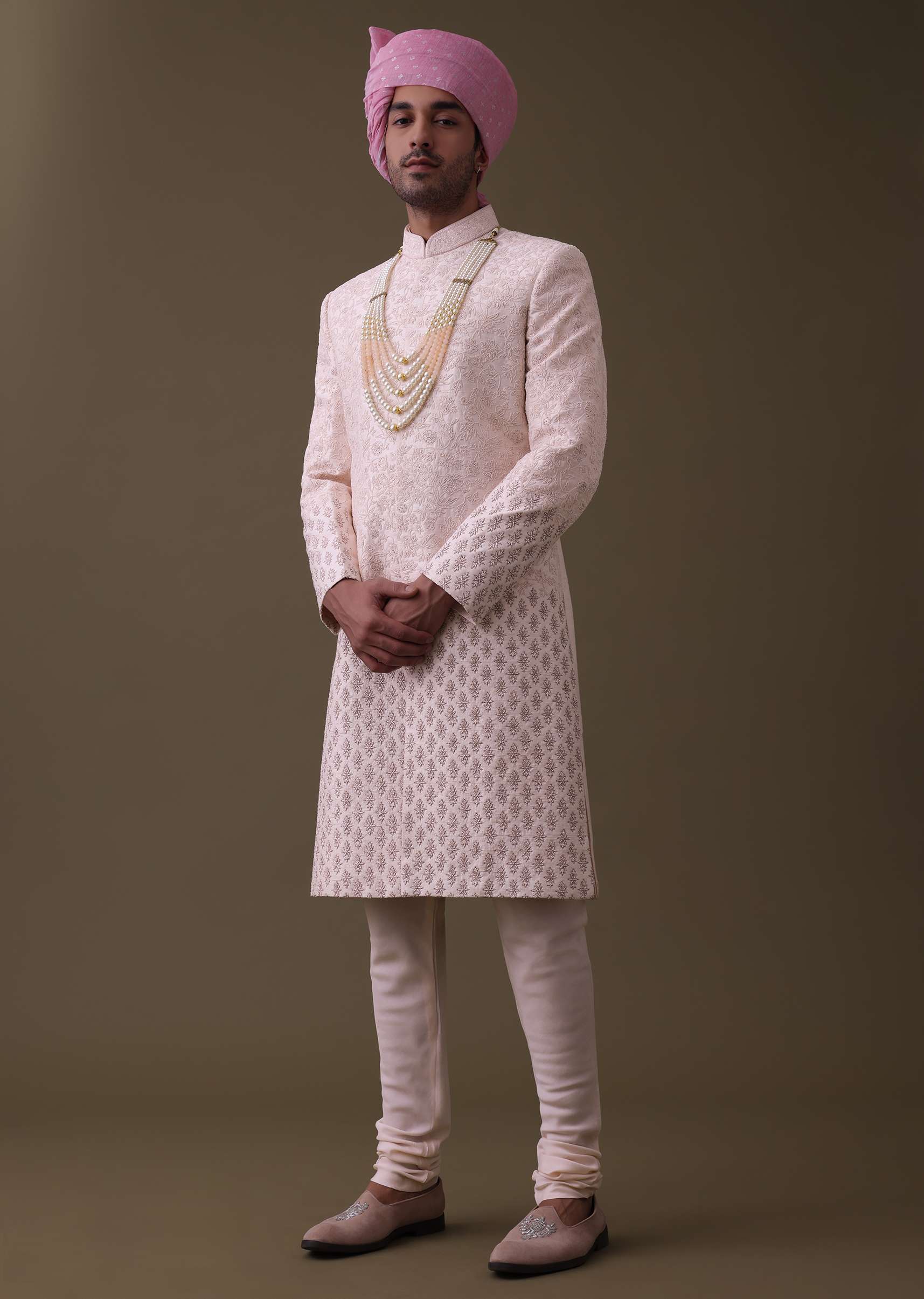 Baby Pink Sherwani Set In Raw Silk With Thread Work And Moti Embroidery - Image 5
