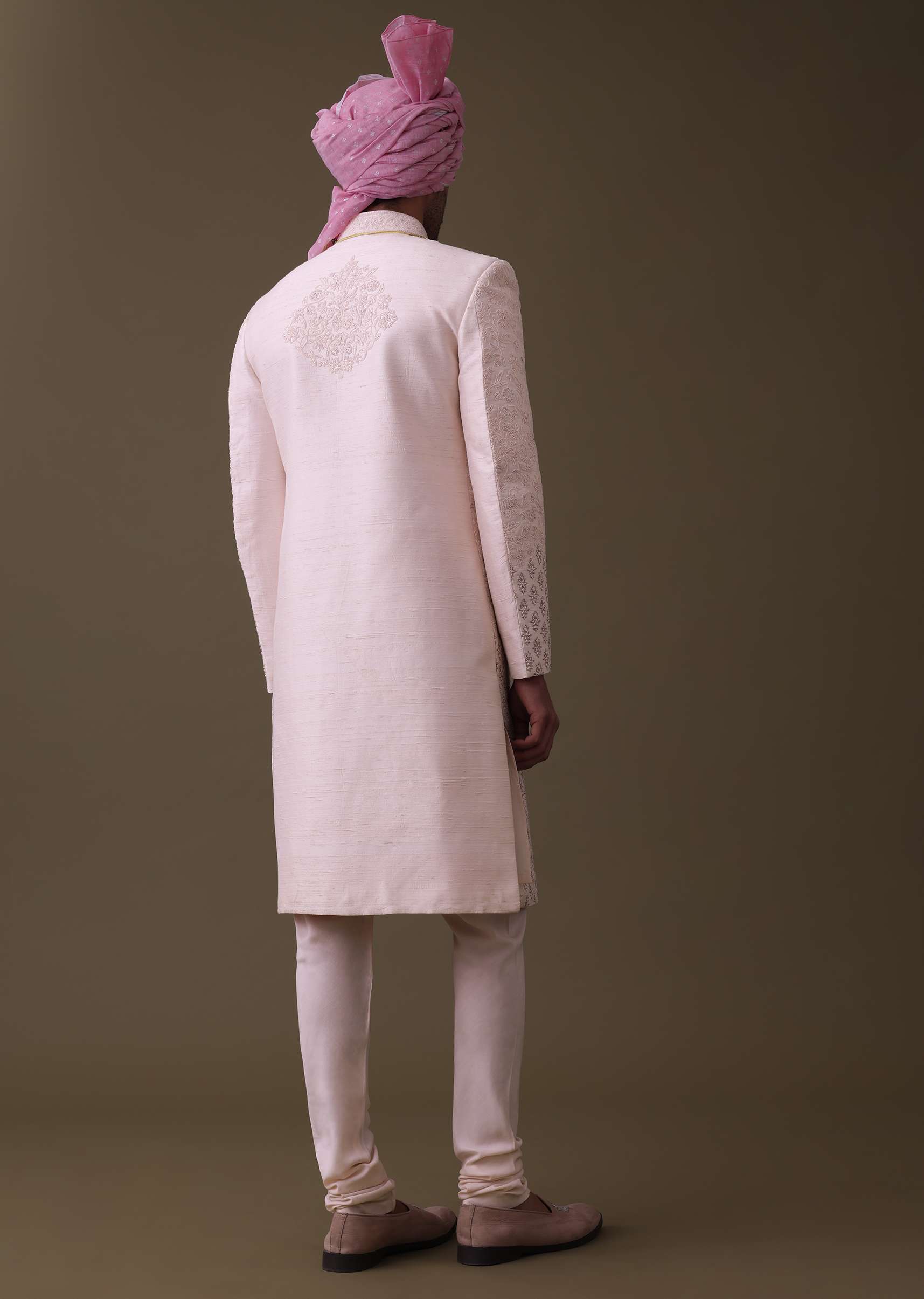 Baby Pink Sherwani Set In Raw Silk With Thread Work And Moti Embroidery - Image 6