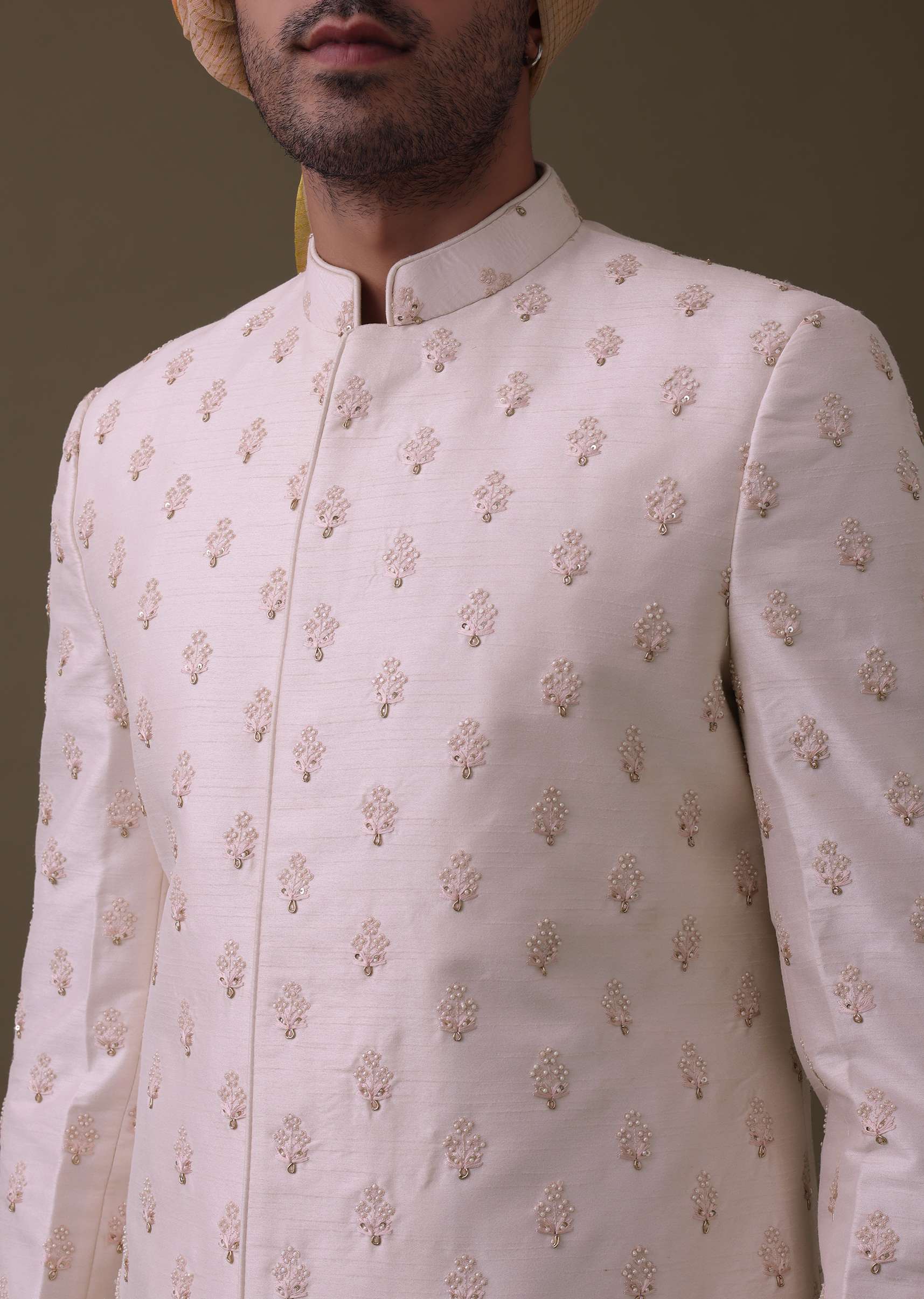 Baby Pink Sherwani Set In Silk With Moti And Sequins Work - Image 4