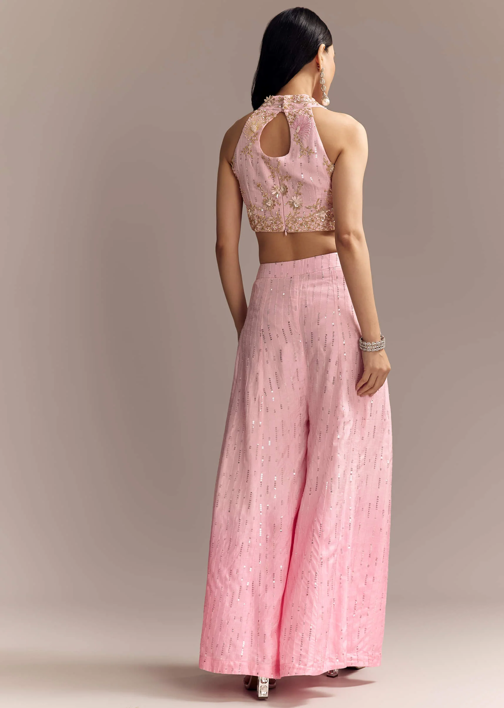 Baby Pink Silk Crop Top And Palazzo Set With Intricate Embroidery - Image 5