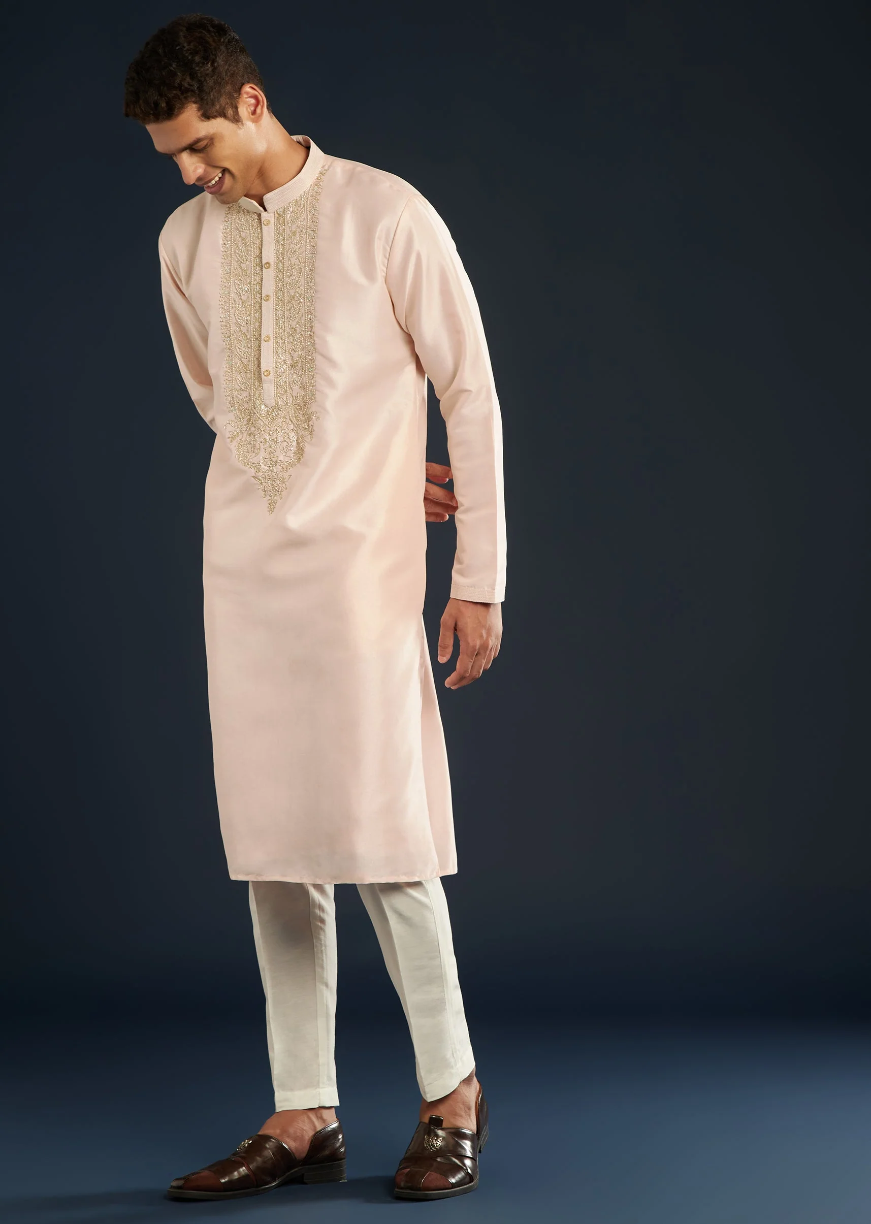 Baby Pink Silk Kurta Set with Resham Thread Accents - Image 3