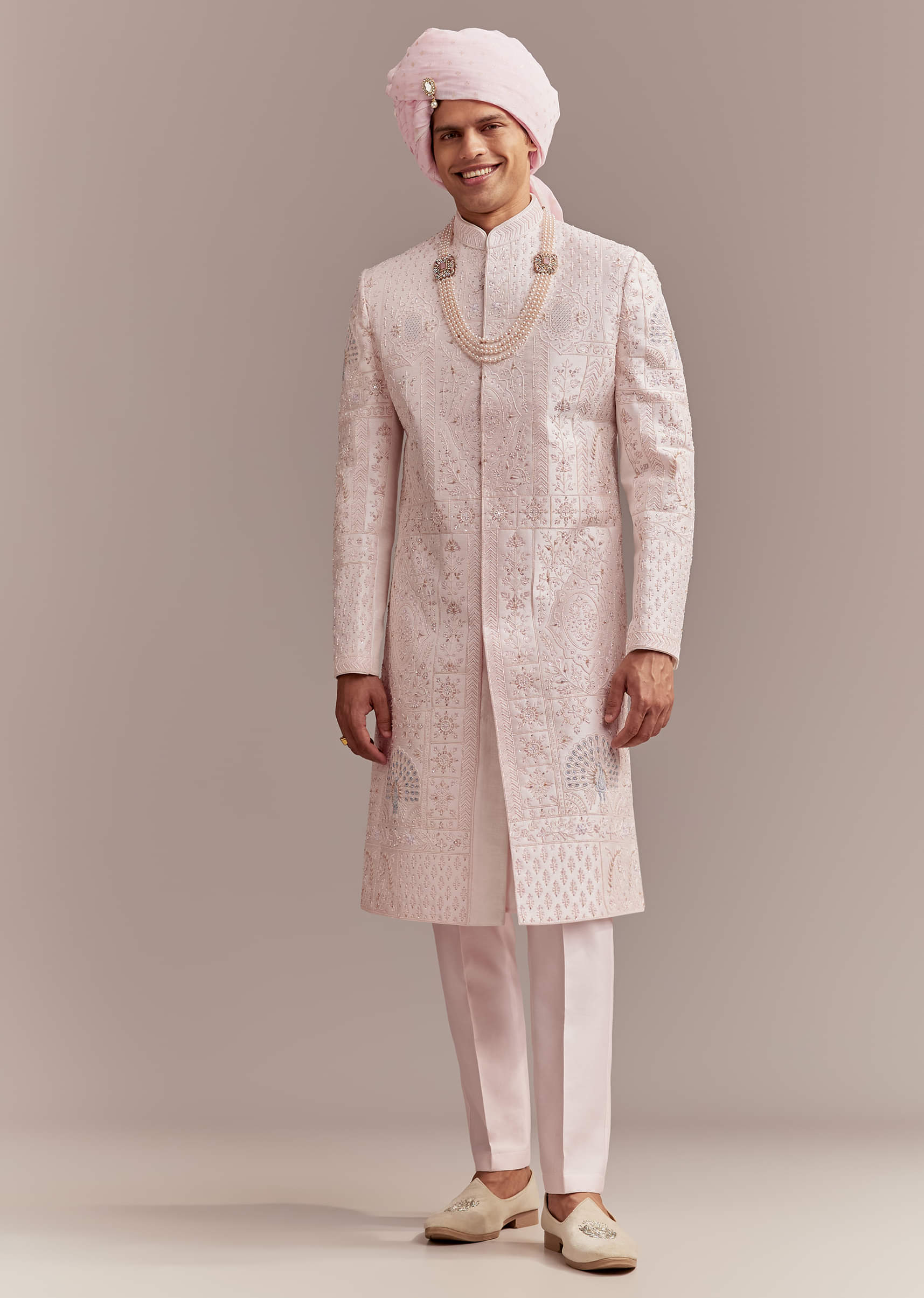 Baby Pink Silk Sherwani For Groom With Floral And Geometric Embroidery - Image 3
