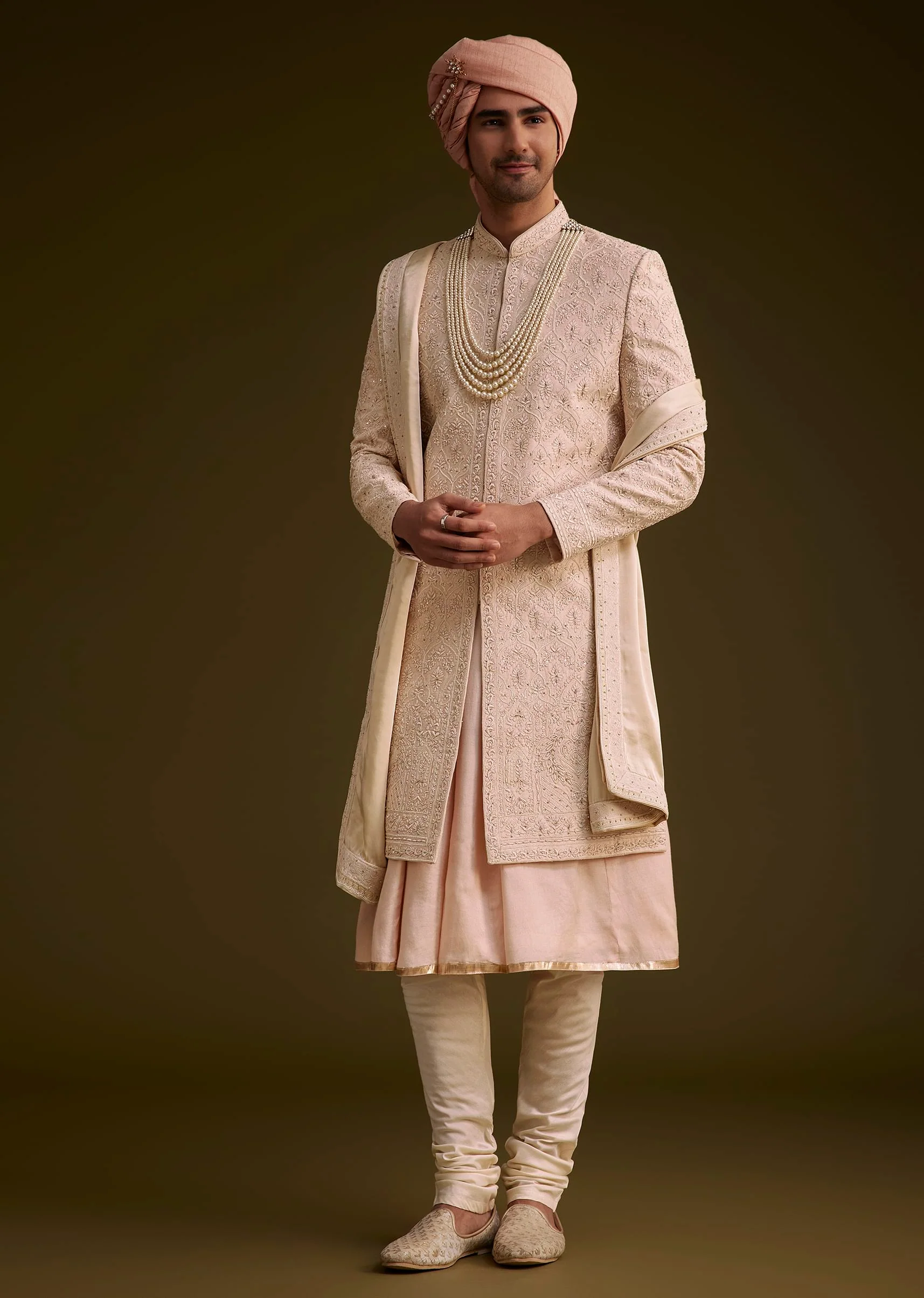 Baby Pink Silk Sherwani Set With Resham Embroidery - Image 2