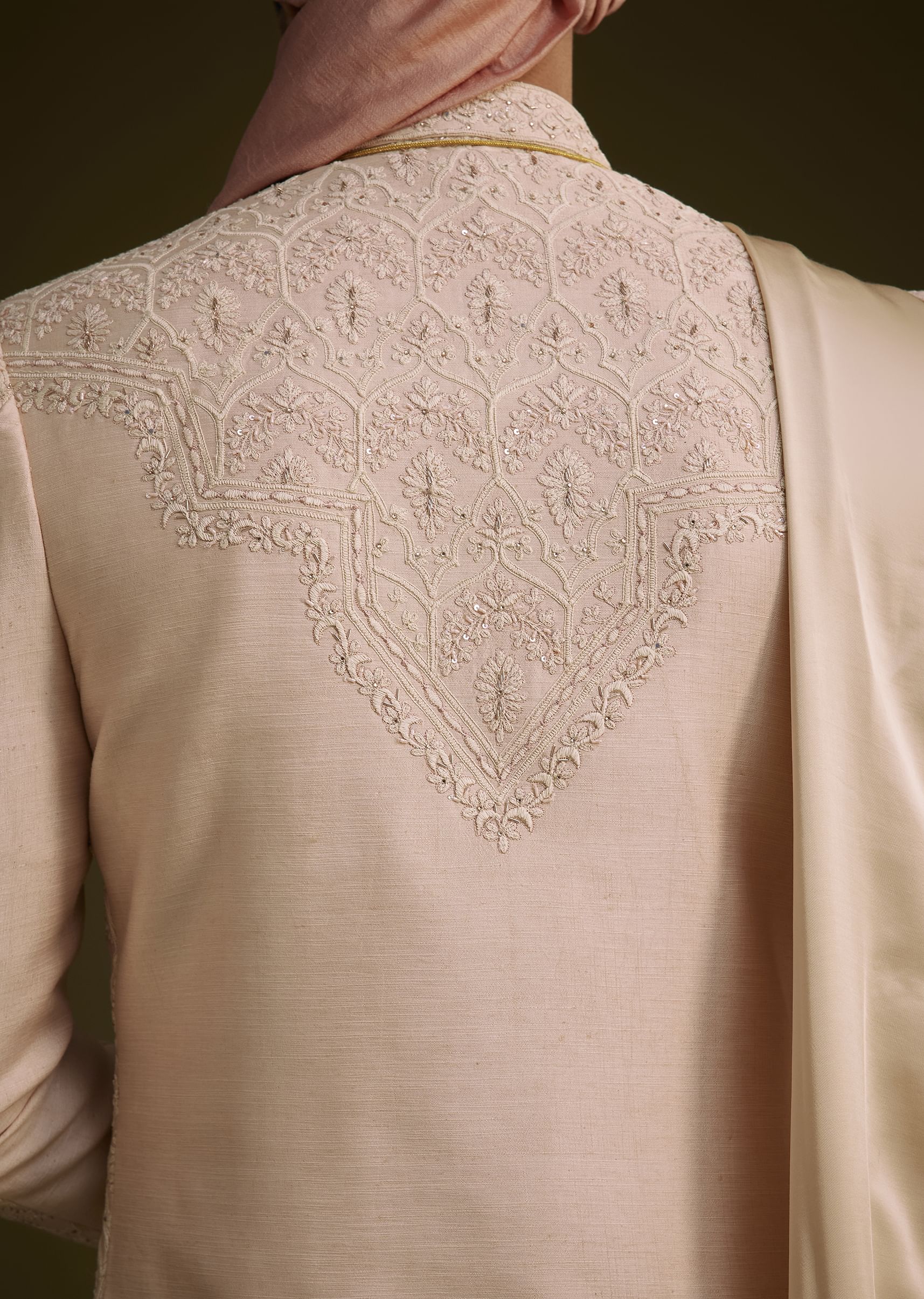 Baby Pink Silk Sherwani Set With Resham Embroidery - Image 3