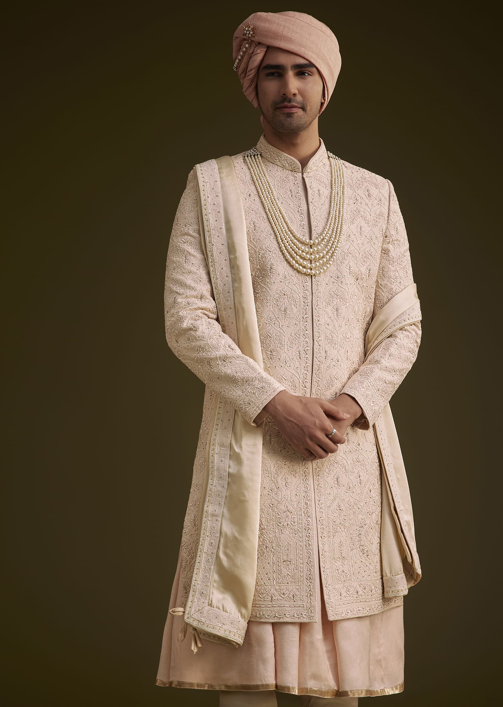 Baby Pink Silk Sherwani Set With Resham Embroidery - Image 4