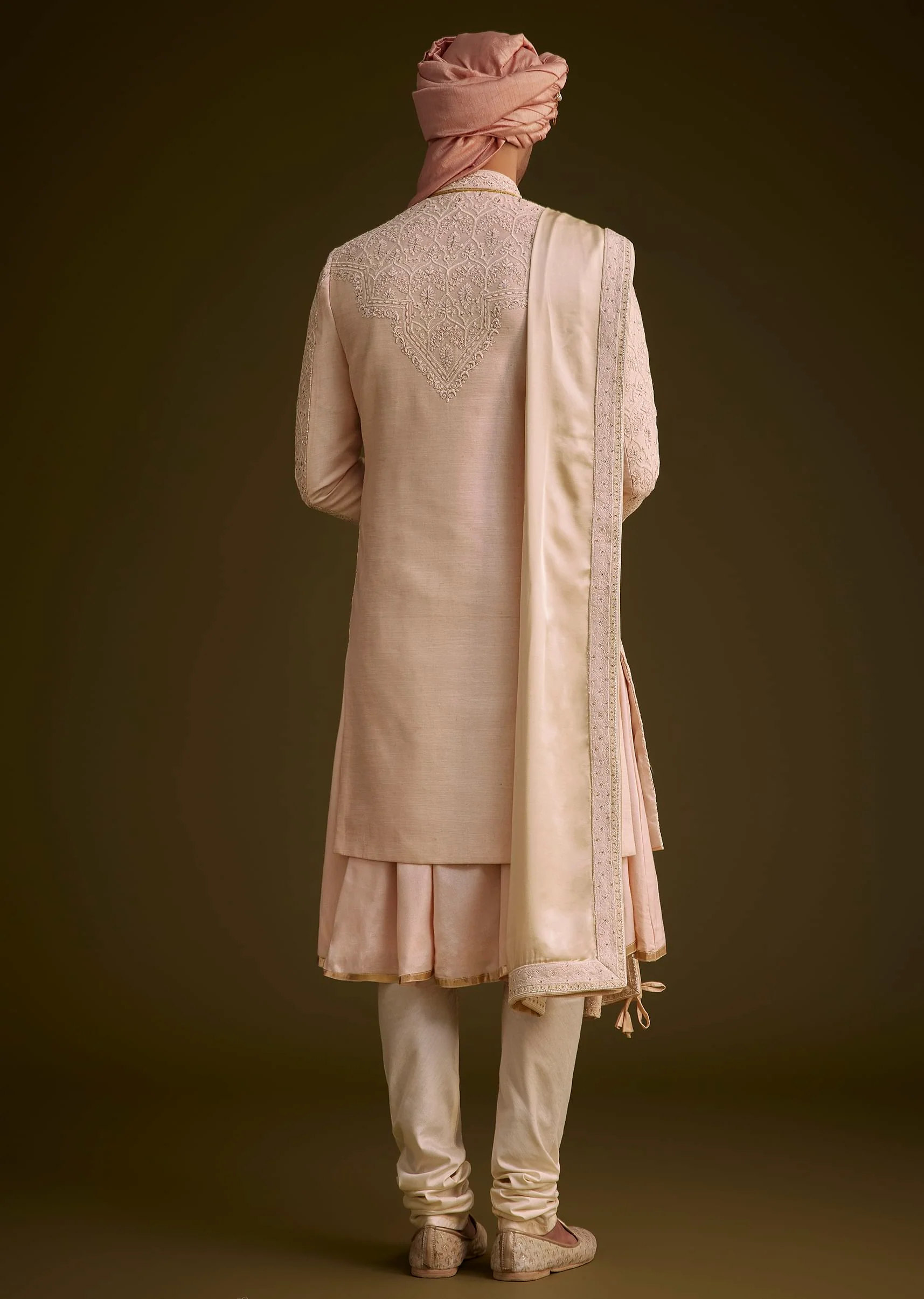 Baby Pink Silk Sherwani Set With Resham Embroidery - Image 5