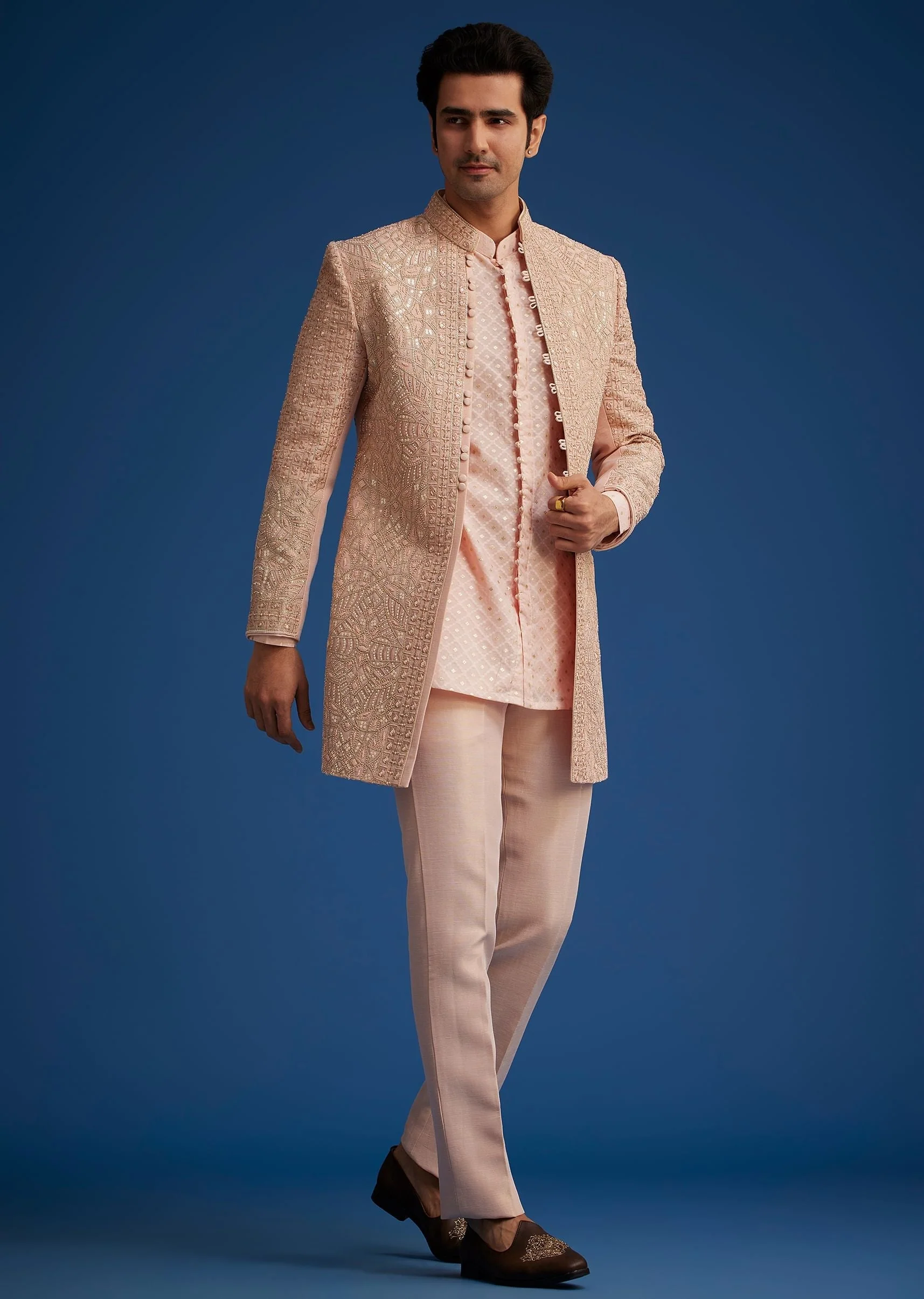 Baby Pink Silk Short Sherwani Set With Zardosi Embroidery - Image 3