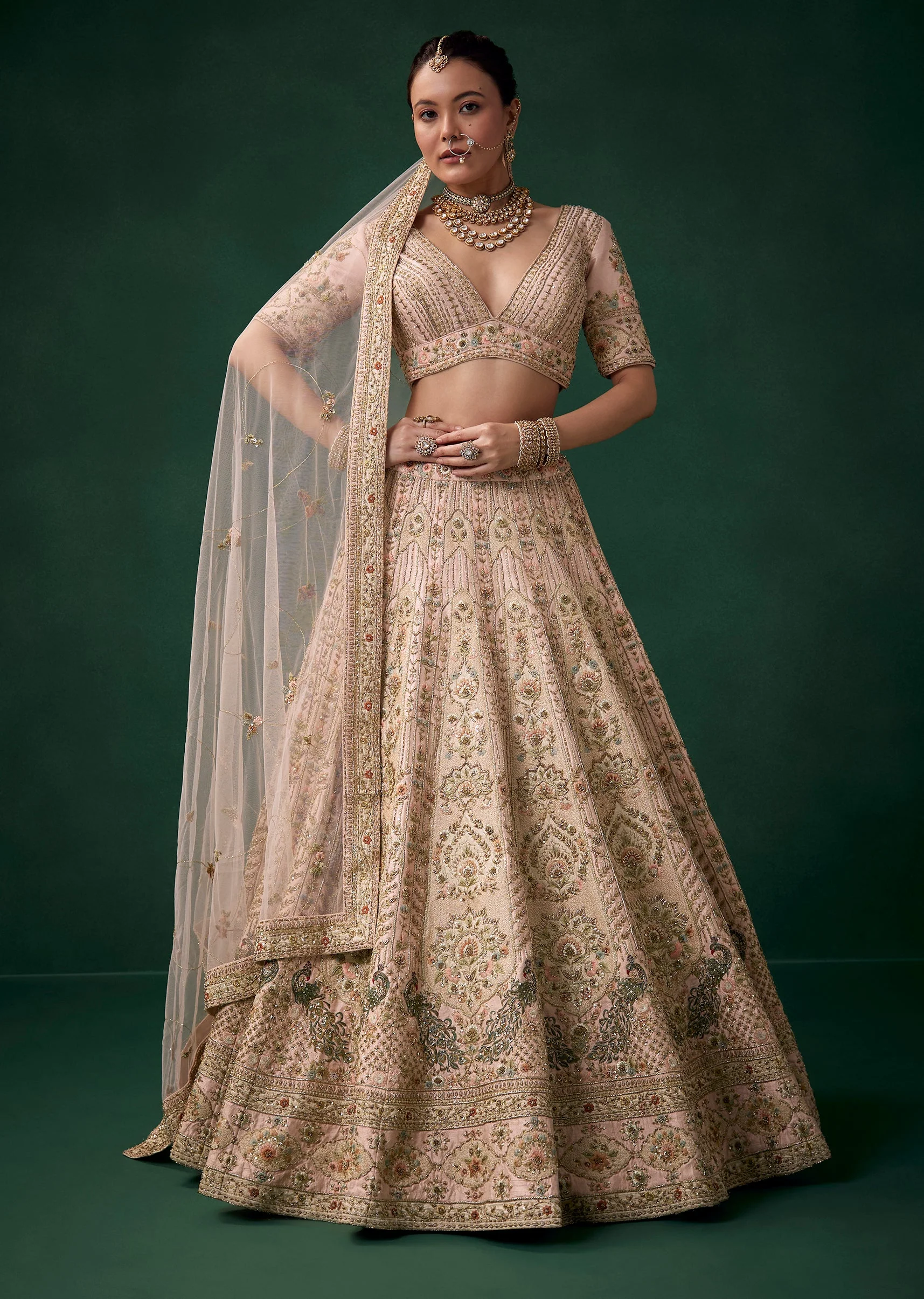 Baby Pink Stone Embroidered Bridal Lehenga Set - Image 4