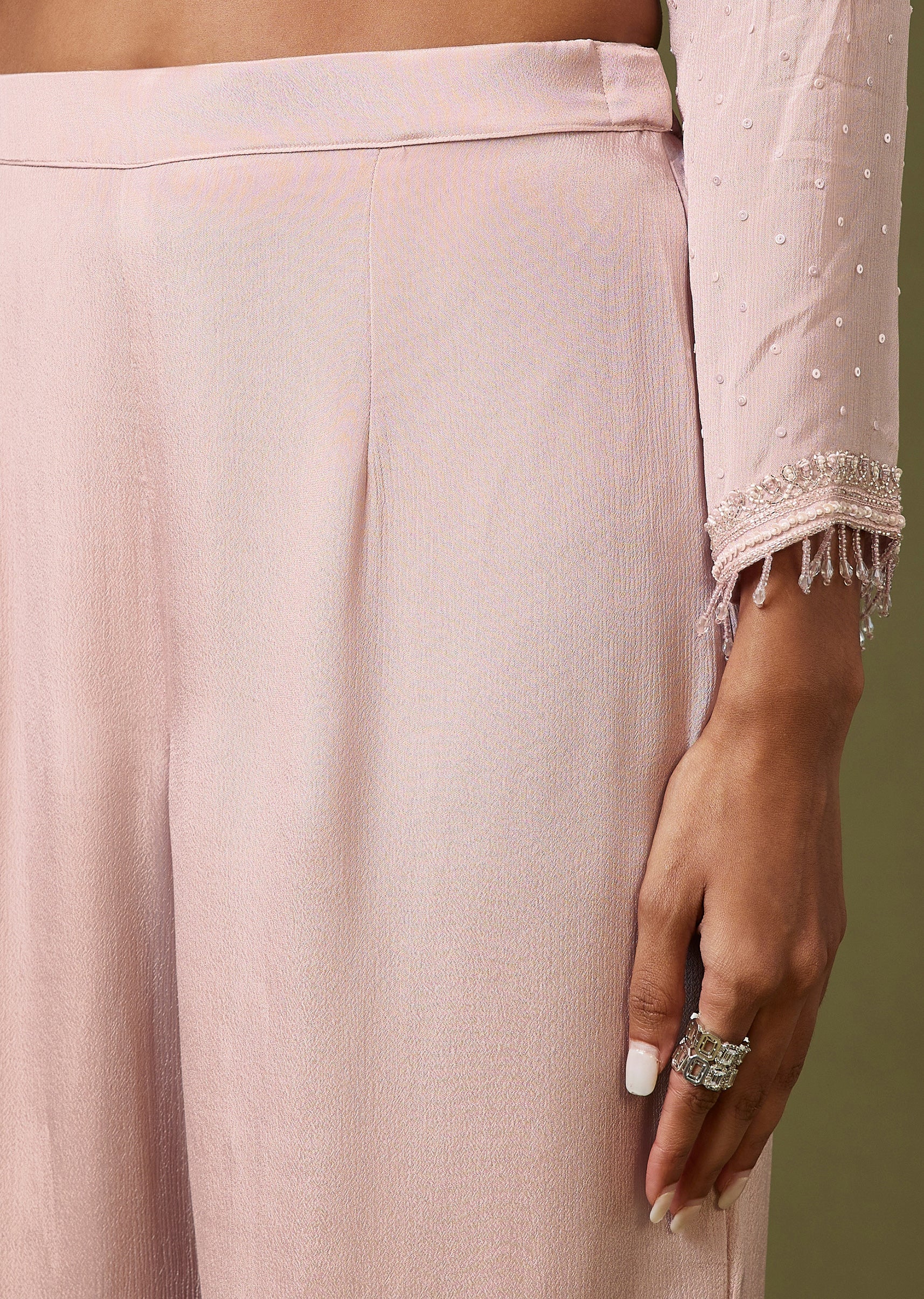 Baby Pink Sweetheart Sharara Set With Moti Cut Dana Work - Image 6