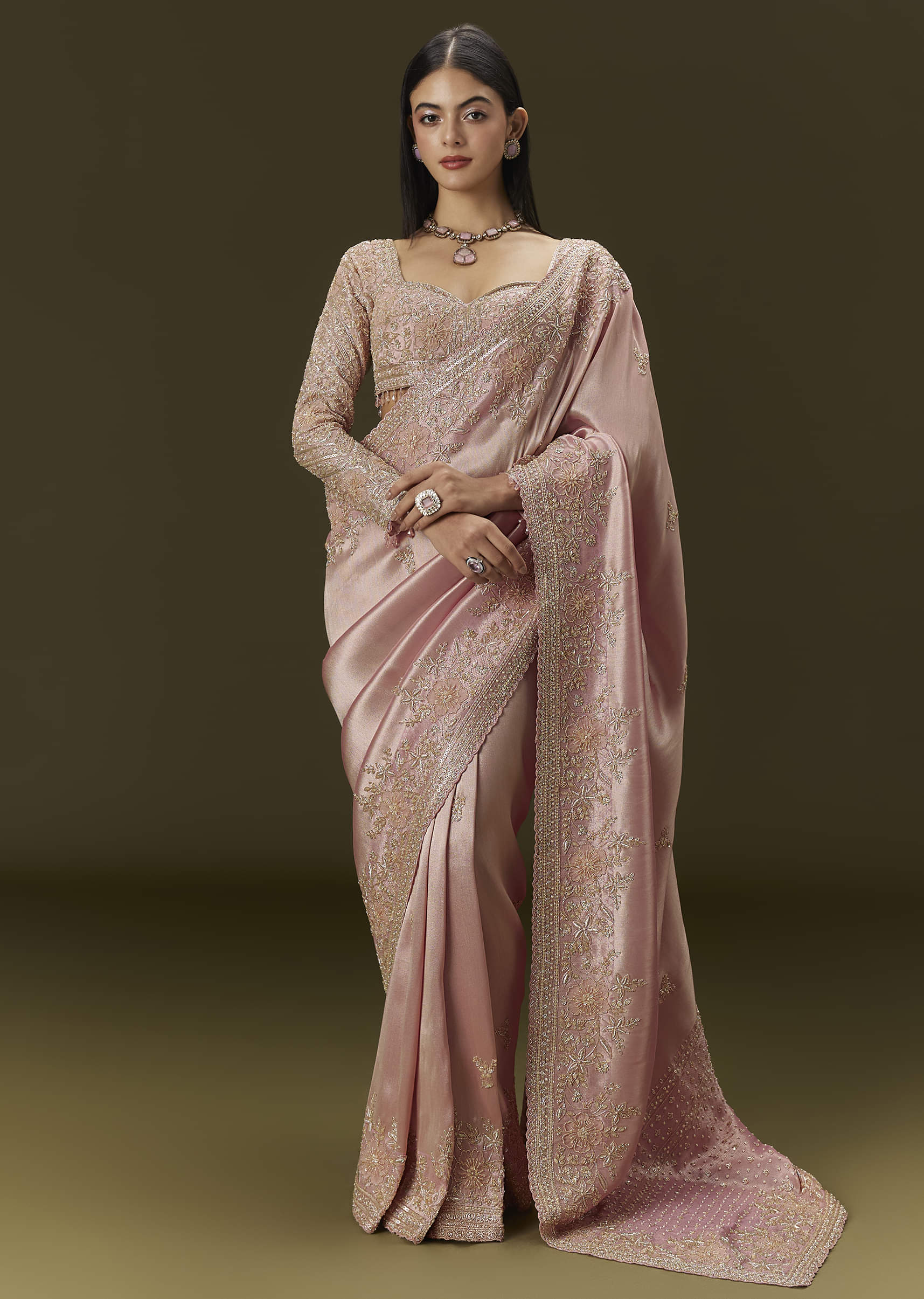 Baby Pink Tissue Saree With Velvet Embroidered Blouse - Image 3