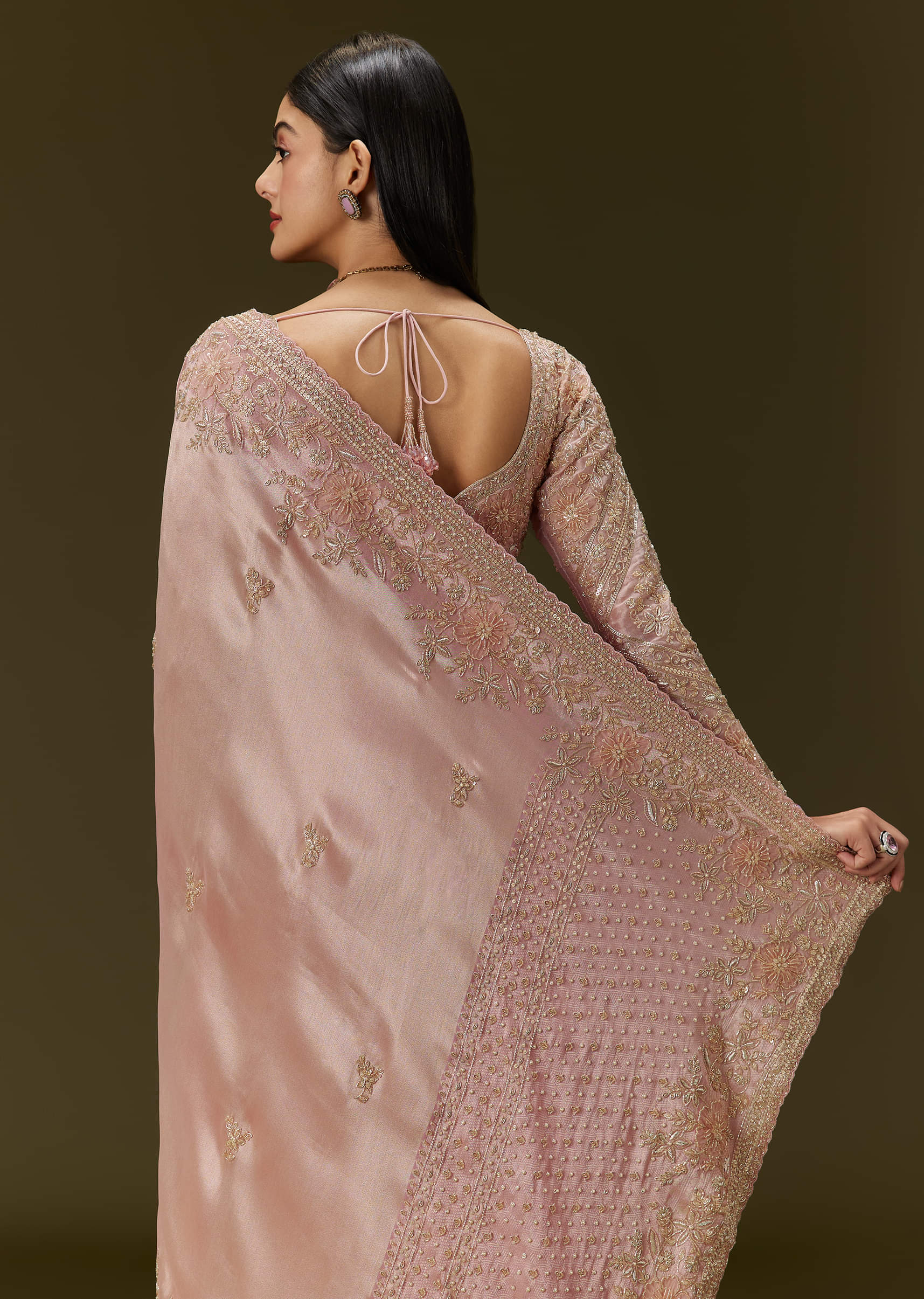 Baby Pink Tissue Saree With Velvet Embroidered Blouse - Image 4