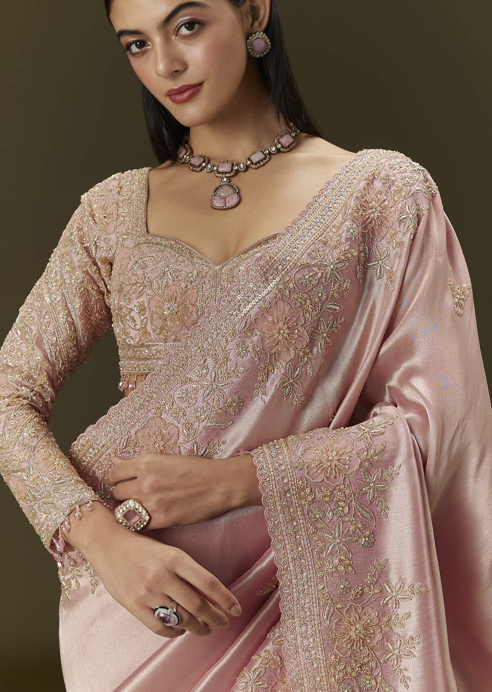 Baby Pink Tissue Saree With Velvet Embroidered Blouse - Image 5