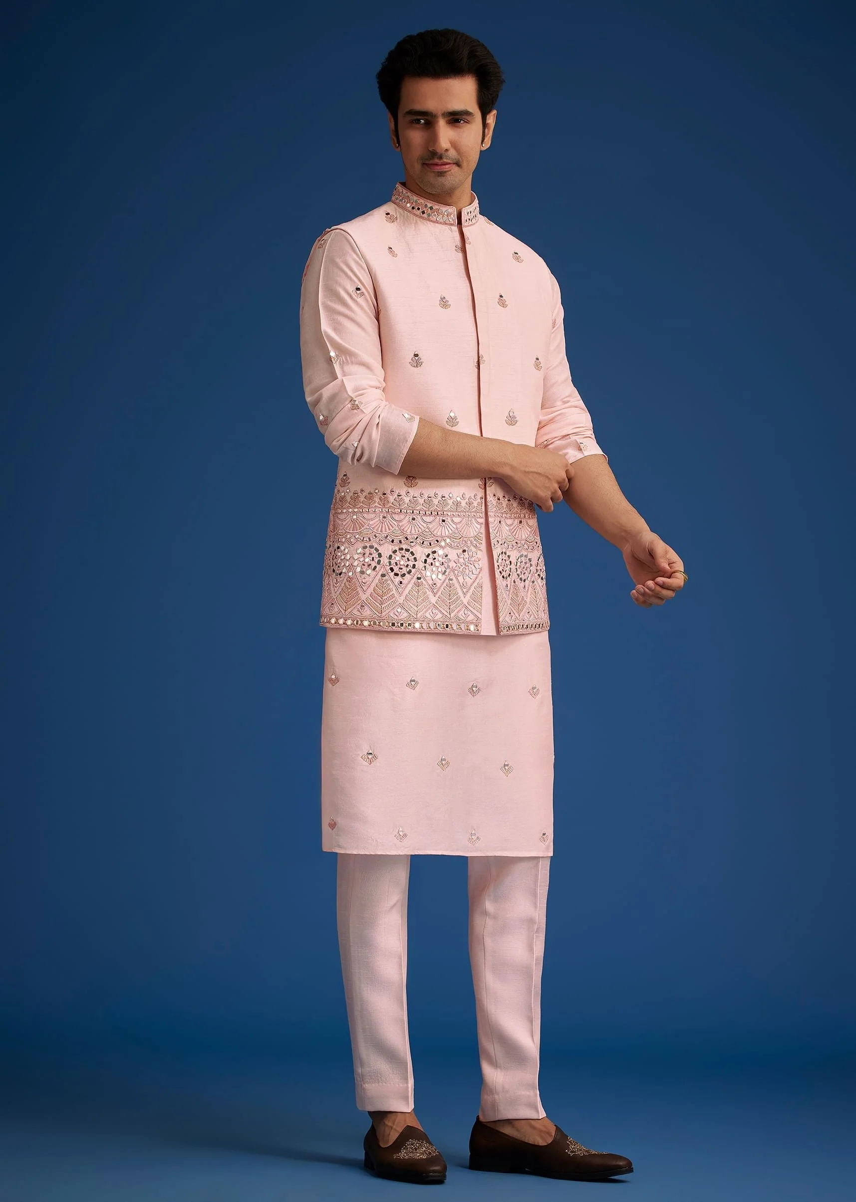 Baby Pink Tussar Kurta Jacket Set With Mirror Embroidery - Image 3
