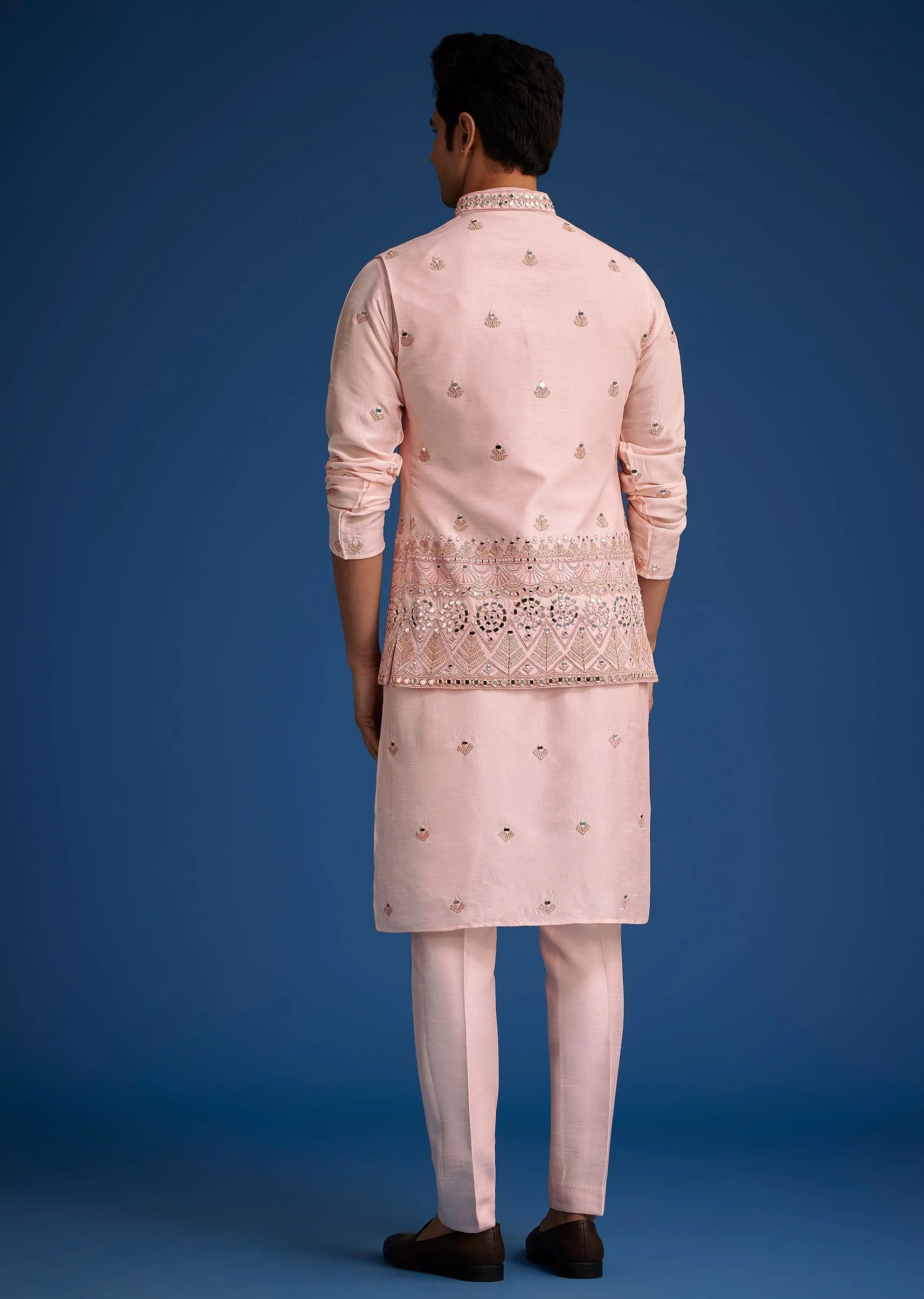 Baby Pink Tussar Kurta Jacket Set With Mirror Embroidery - Image 6
