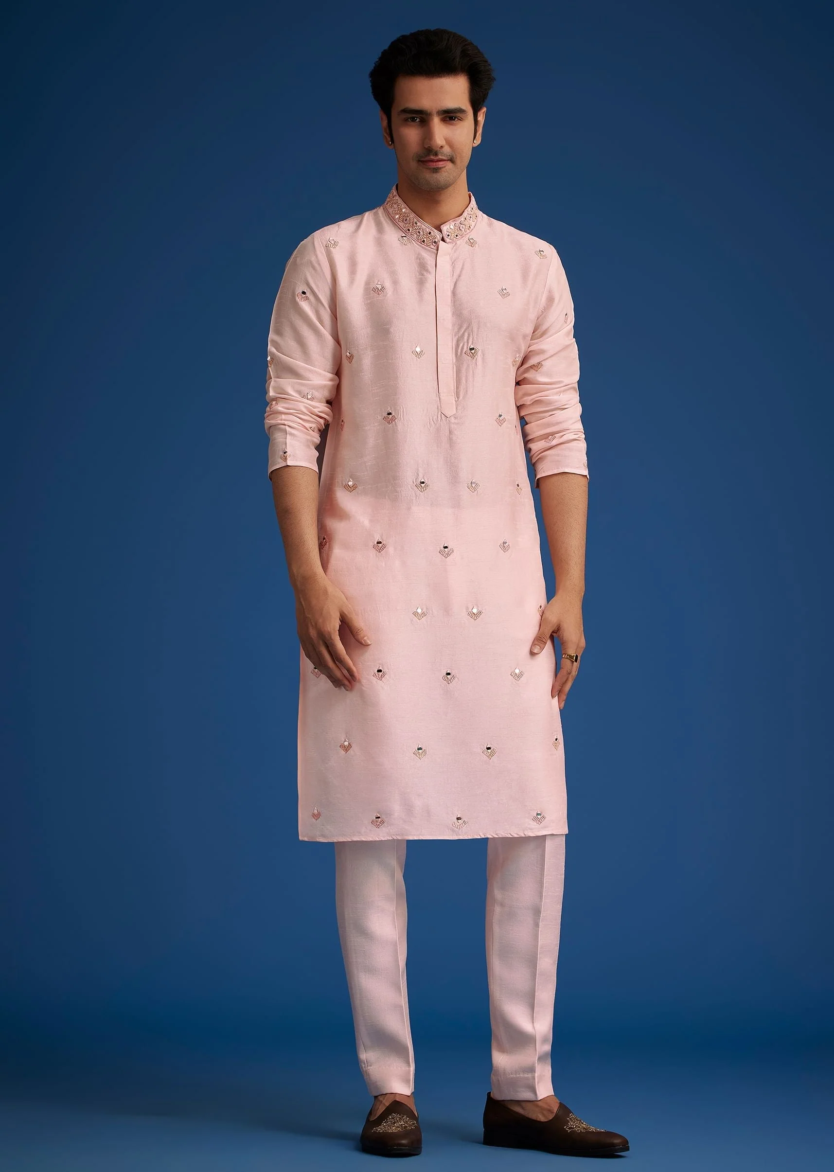 Baby Pink Tussar Kurta Jacket Set With Mirror Embroidery - Image 7