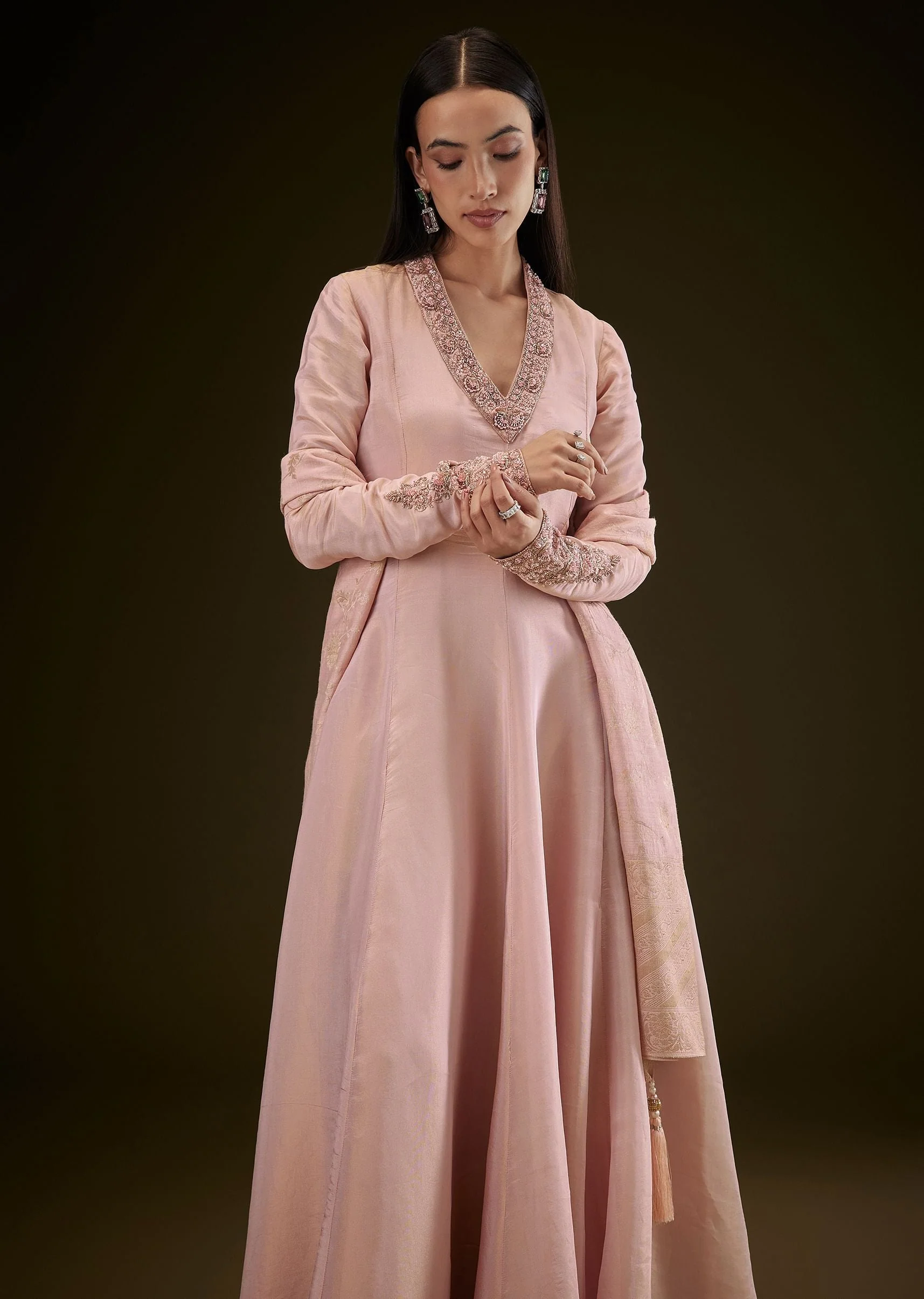 Baby Pink V Neck Anarkali With Printed Dupatta - Image 4