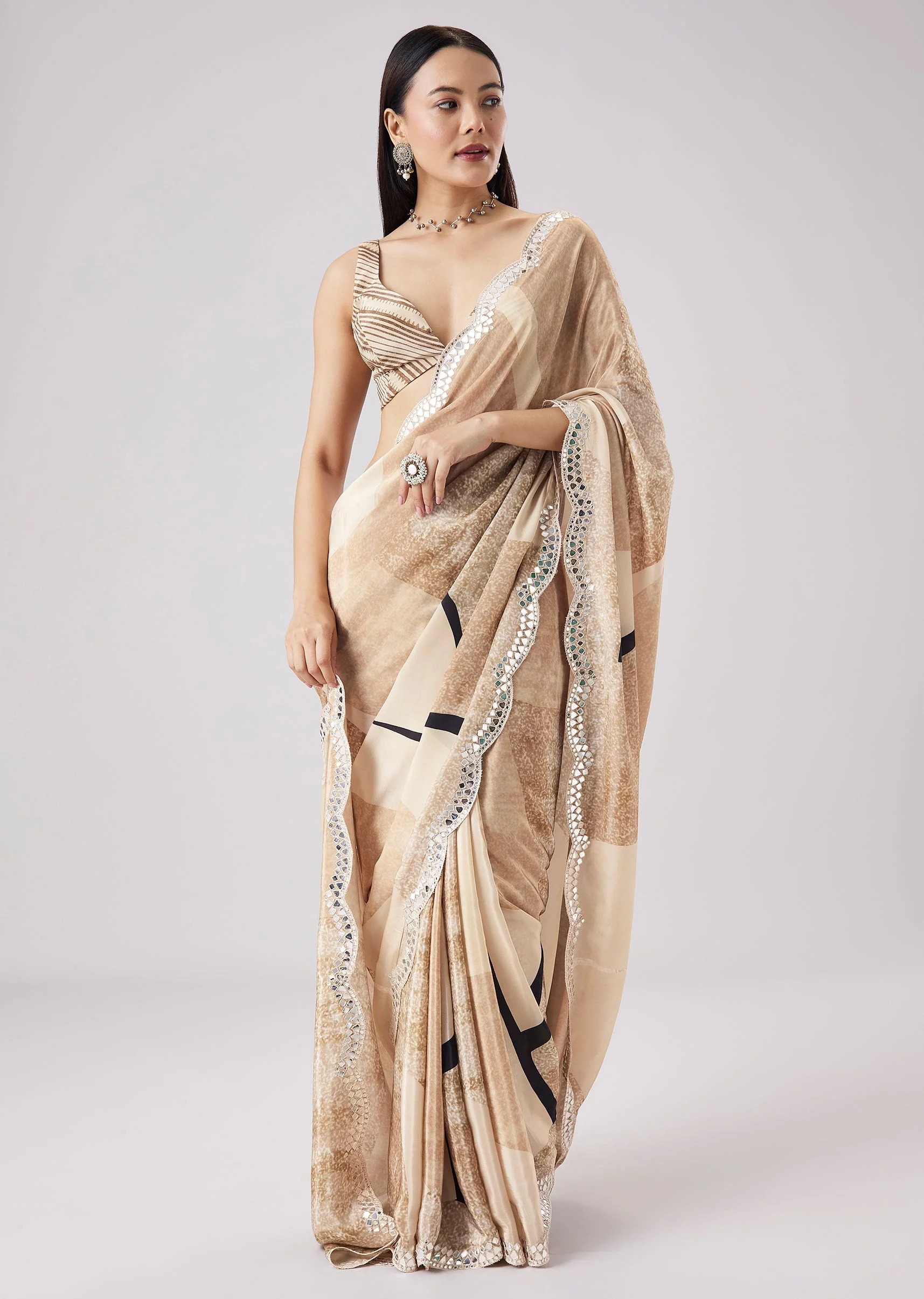 Beige Abstract Print Saree With Unstitched Blouse