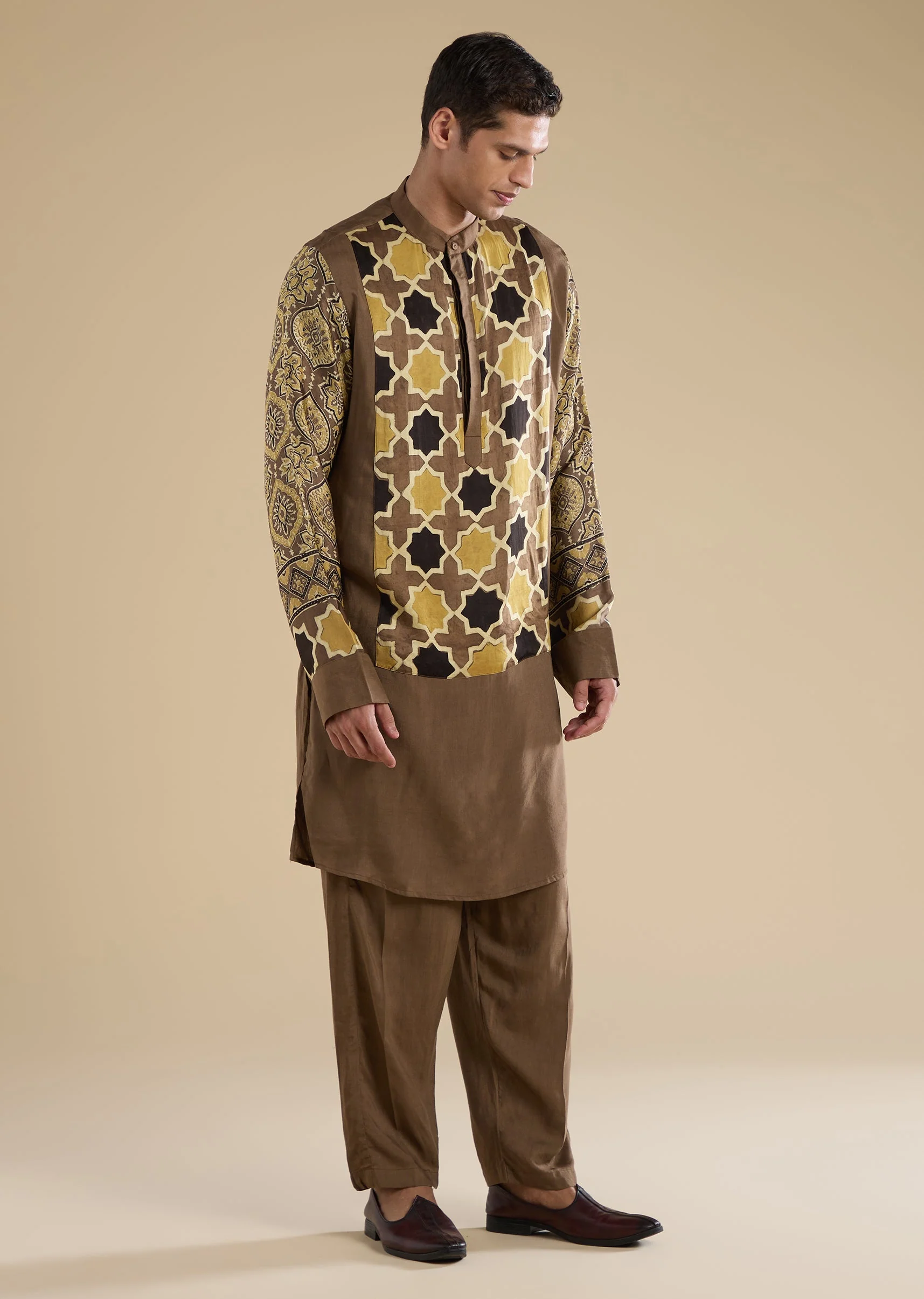 Beige Ajrakh Printed Kurta Set