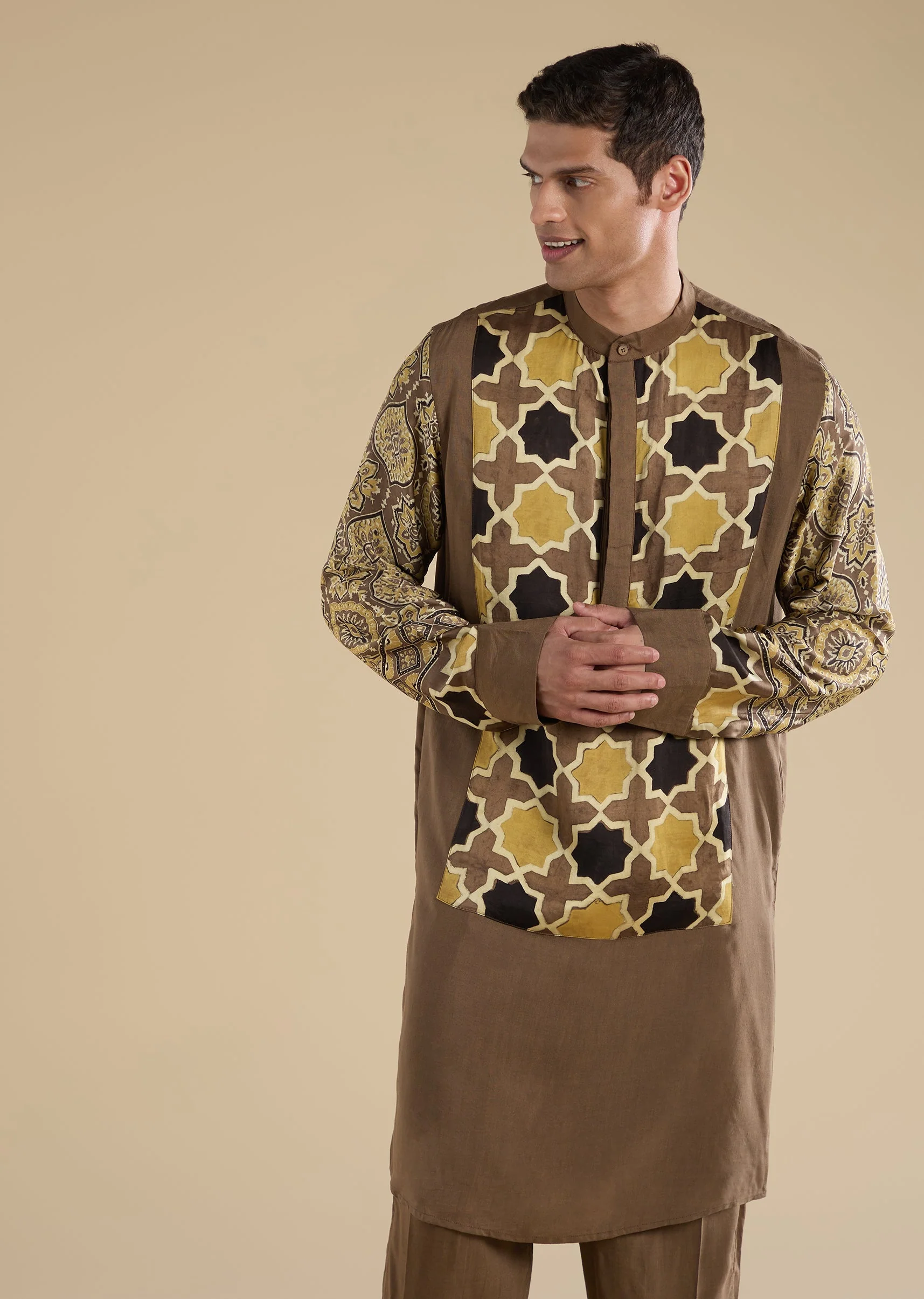 Beige Ajrakh Printed Kurta Set - Image 4