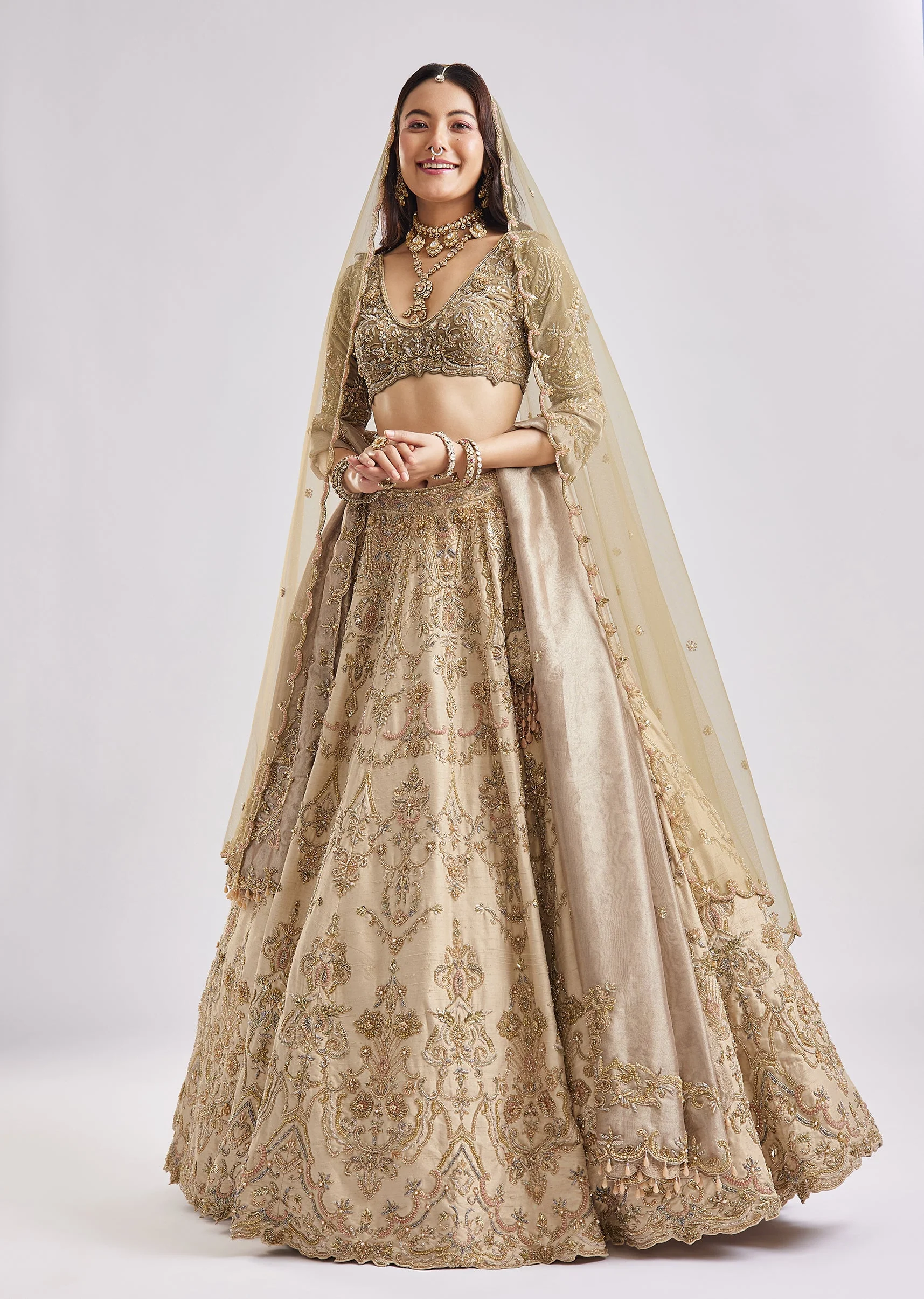 Beige And Green Dual Dupatta Embroidered Bridal Lehenga For Pheras - Image 2