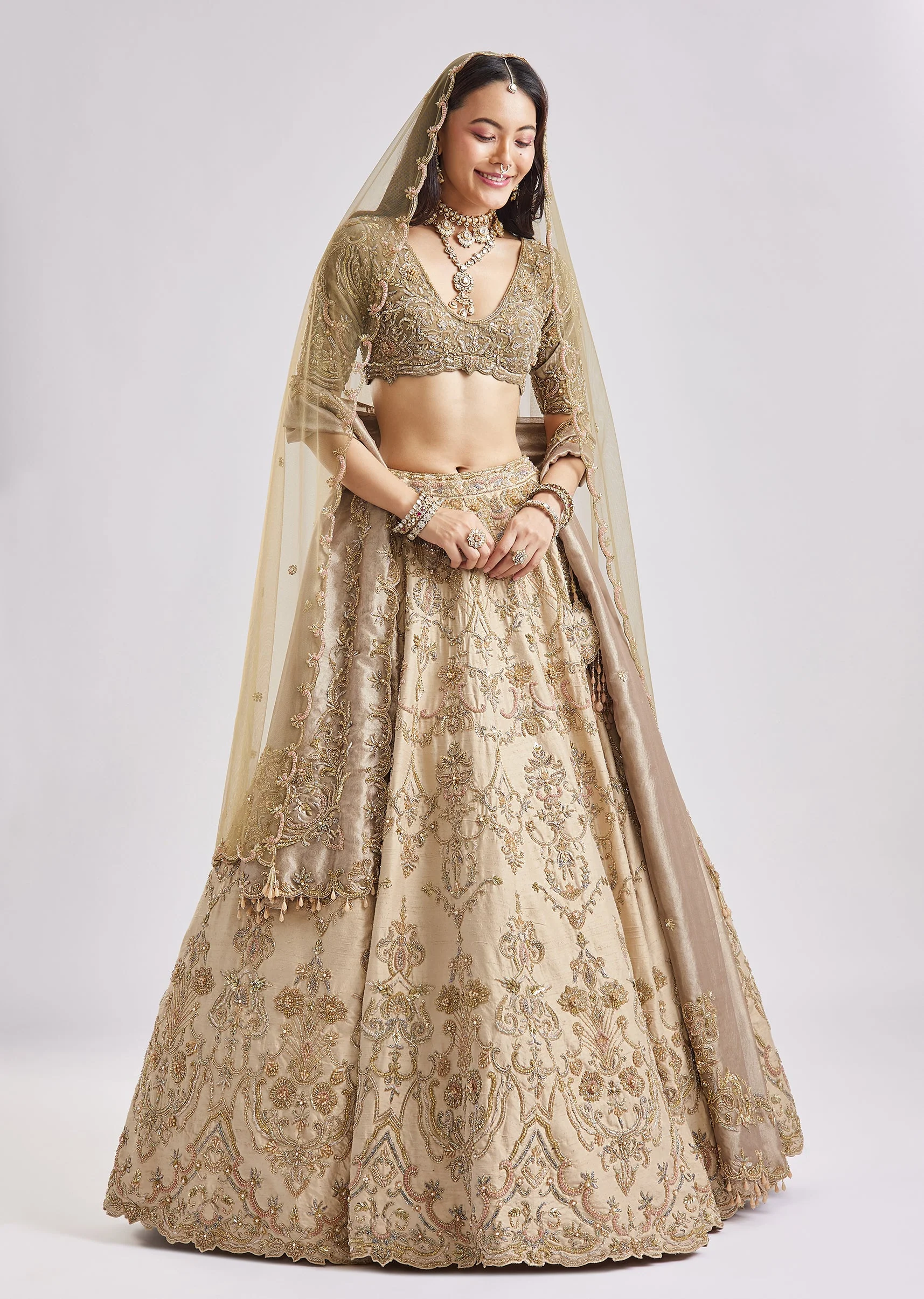 Beige And Green Dual Dupatta Embroidered Bridal Lehenga For Pheras - Image 5