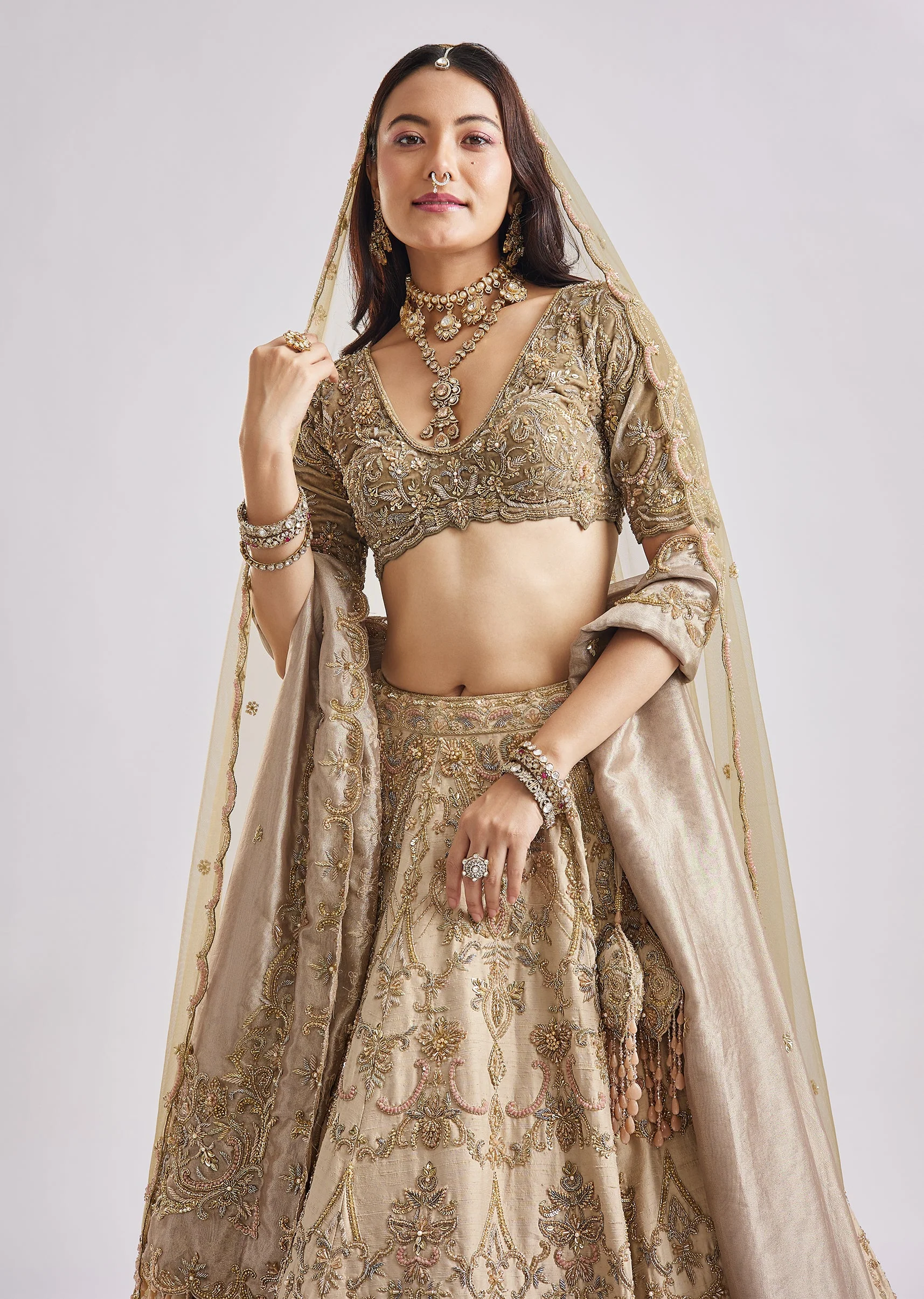 Beige And Green Dual Dupatta Embroidered Bridal Lehenga For Pheras - Image 6