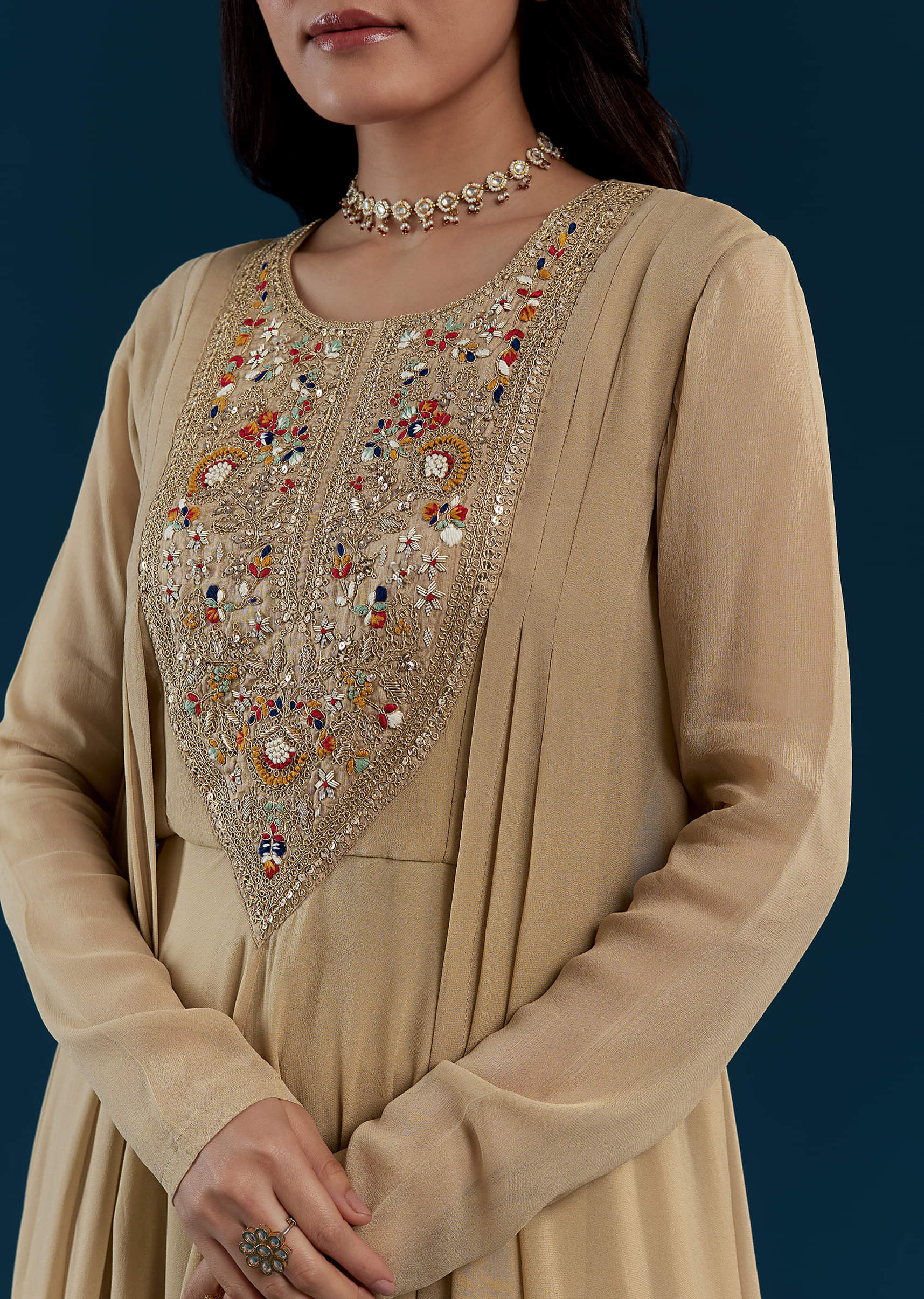 Beige Asymmetric Kurta Sharara Set - Image 2