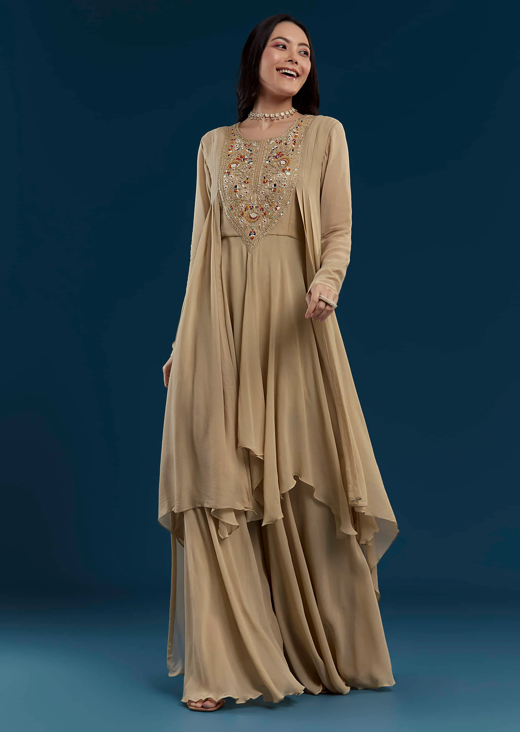 Beige Asymmetric Kurta Sharara Set - Image 3
