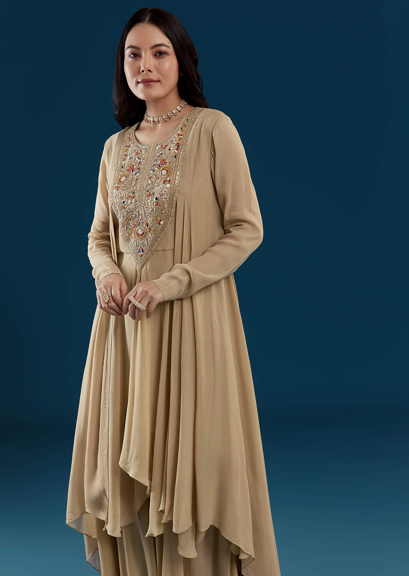 Beige Asymmetric Kurta Sharara Set - Image 4