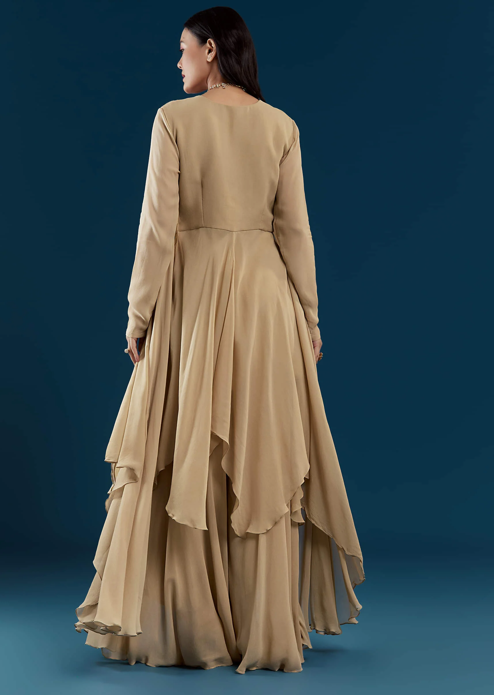 Beige Asymmetric Kurta Sharara Set - Image 5
