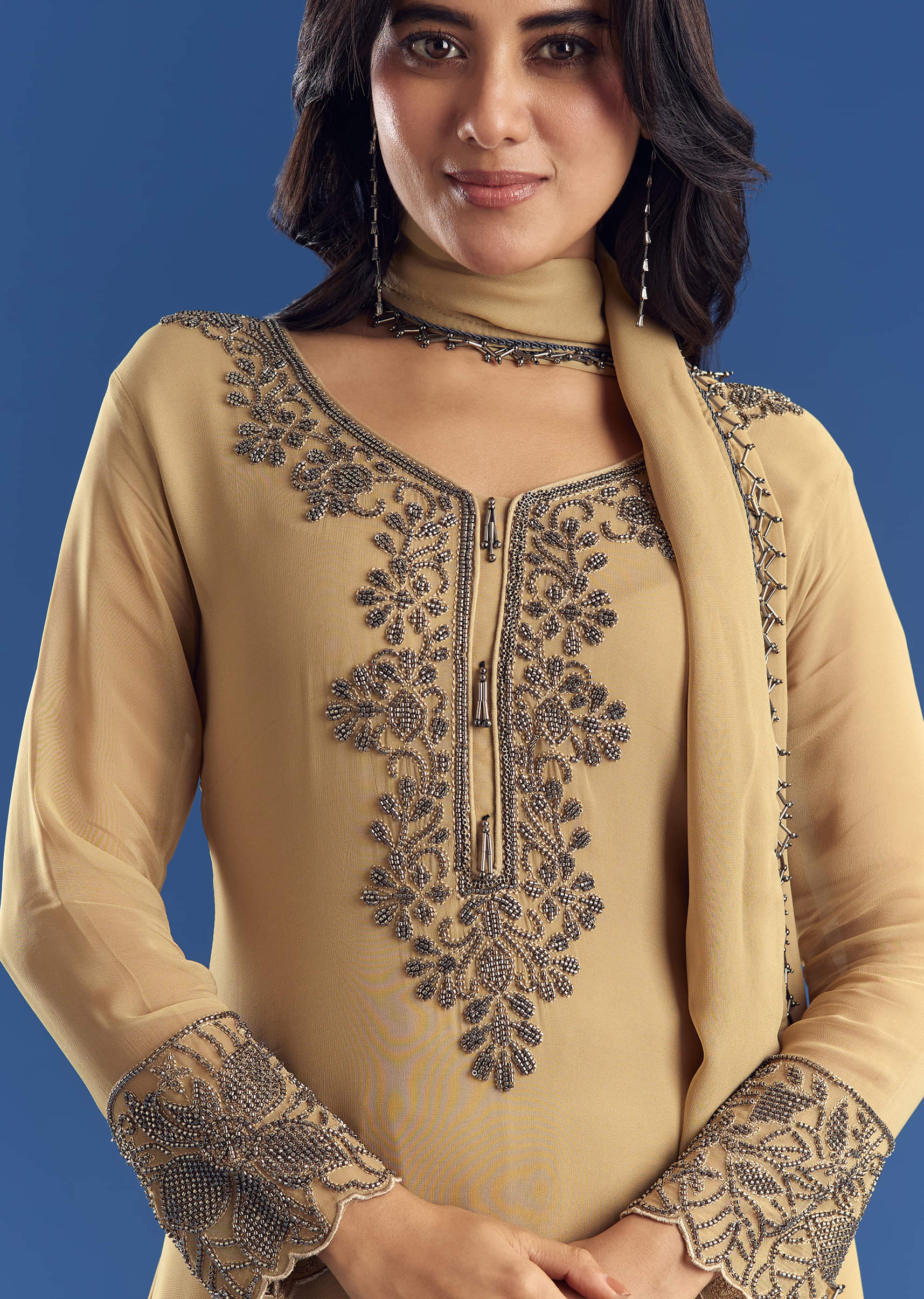 Beige Asymmetrical Georgette Beaded Kurta Pant Set With Dupatta - Image 4