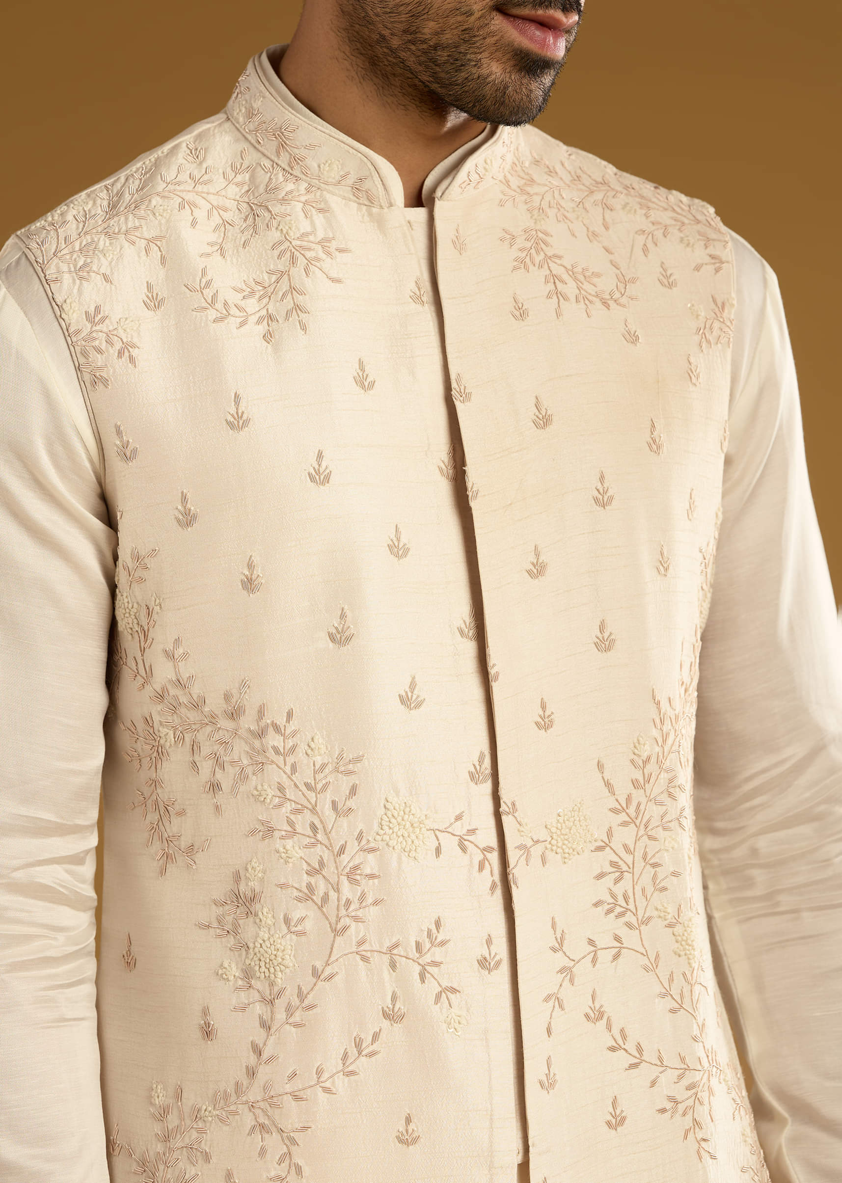 Beige Banarasi Silk Kurta Jacket Set For Men With Hand Embroidery - Image 3