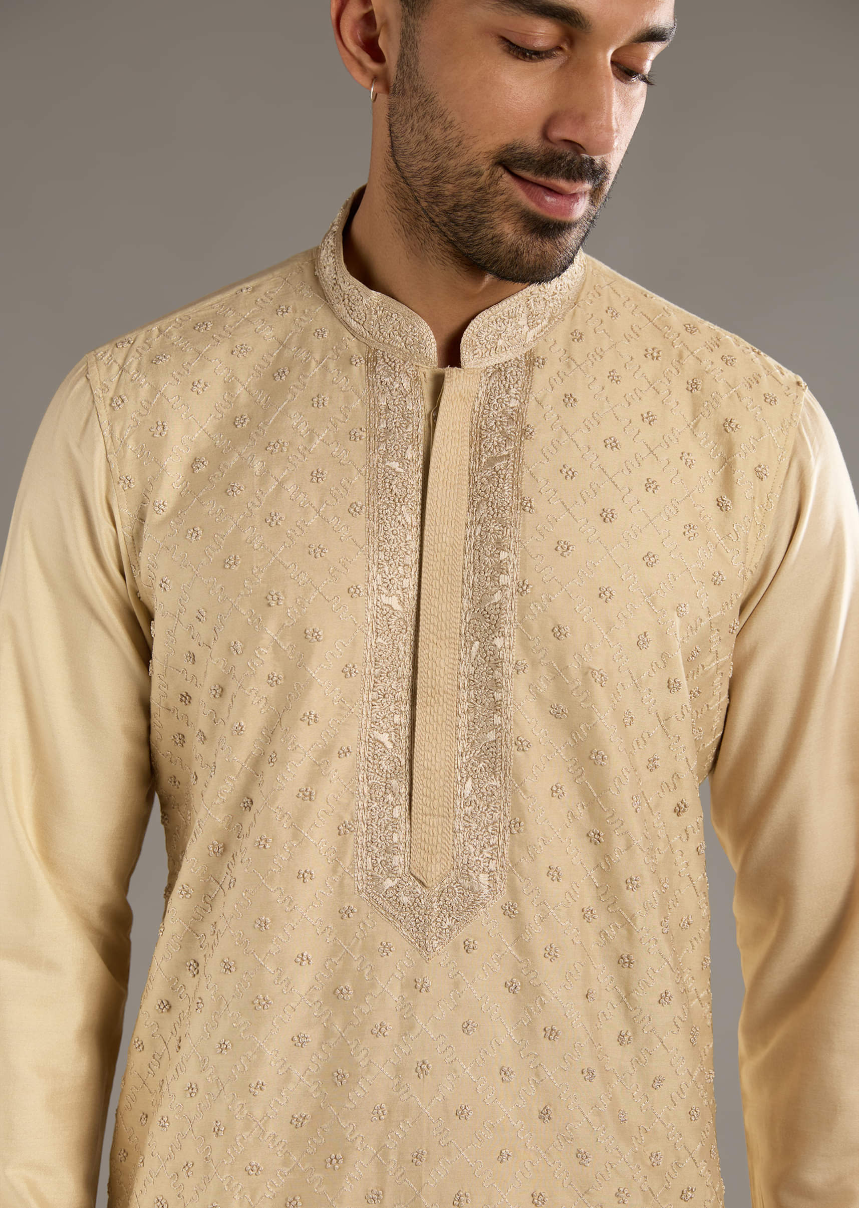 Beige Banarasi Silk Kurta Set For Men With Pure Hand Embroidery - Image 2
