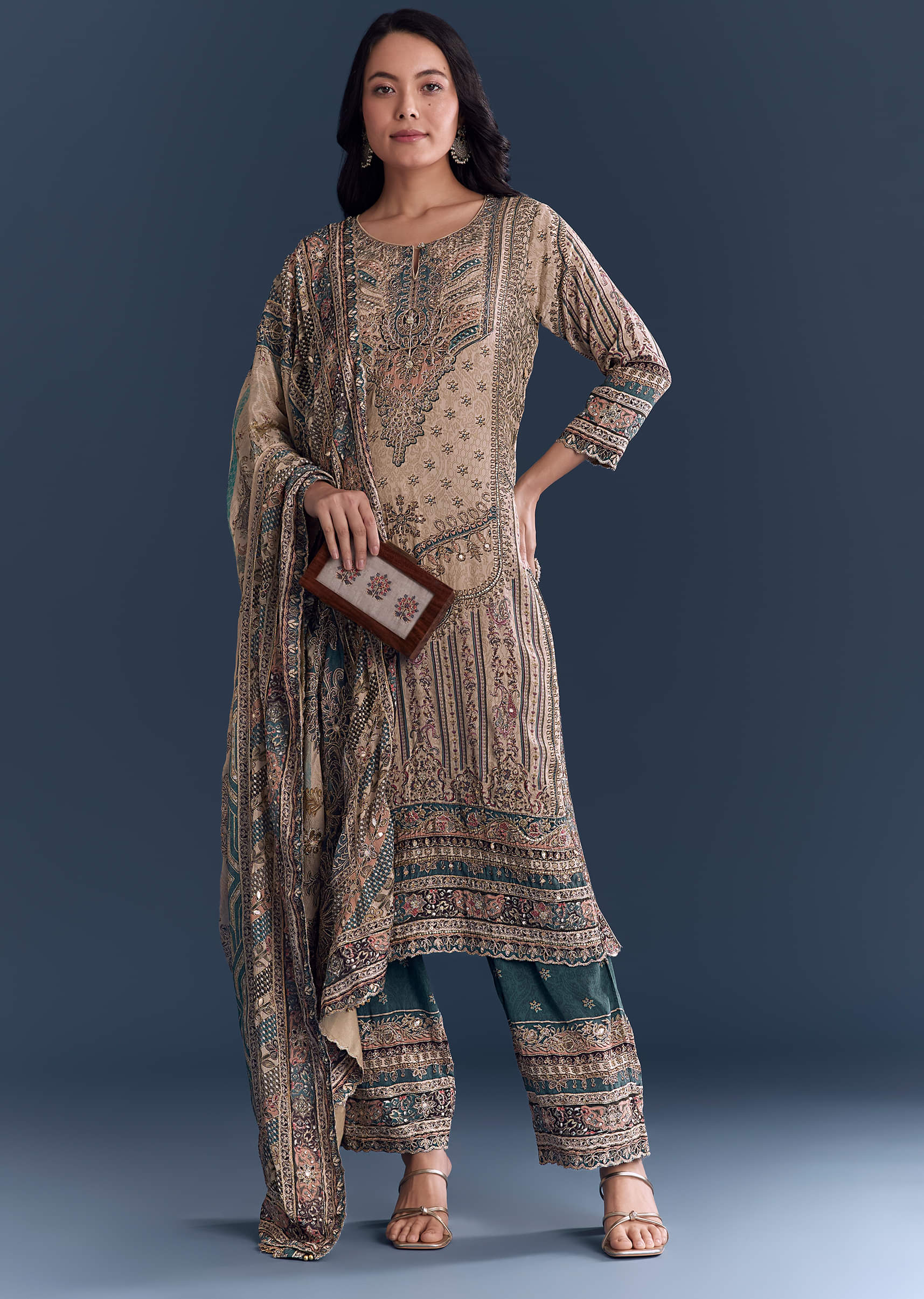 Beige Blue Ombre Crepe Kurta Set With Indie Print And Zari Work - Image 3