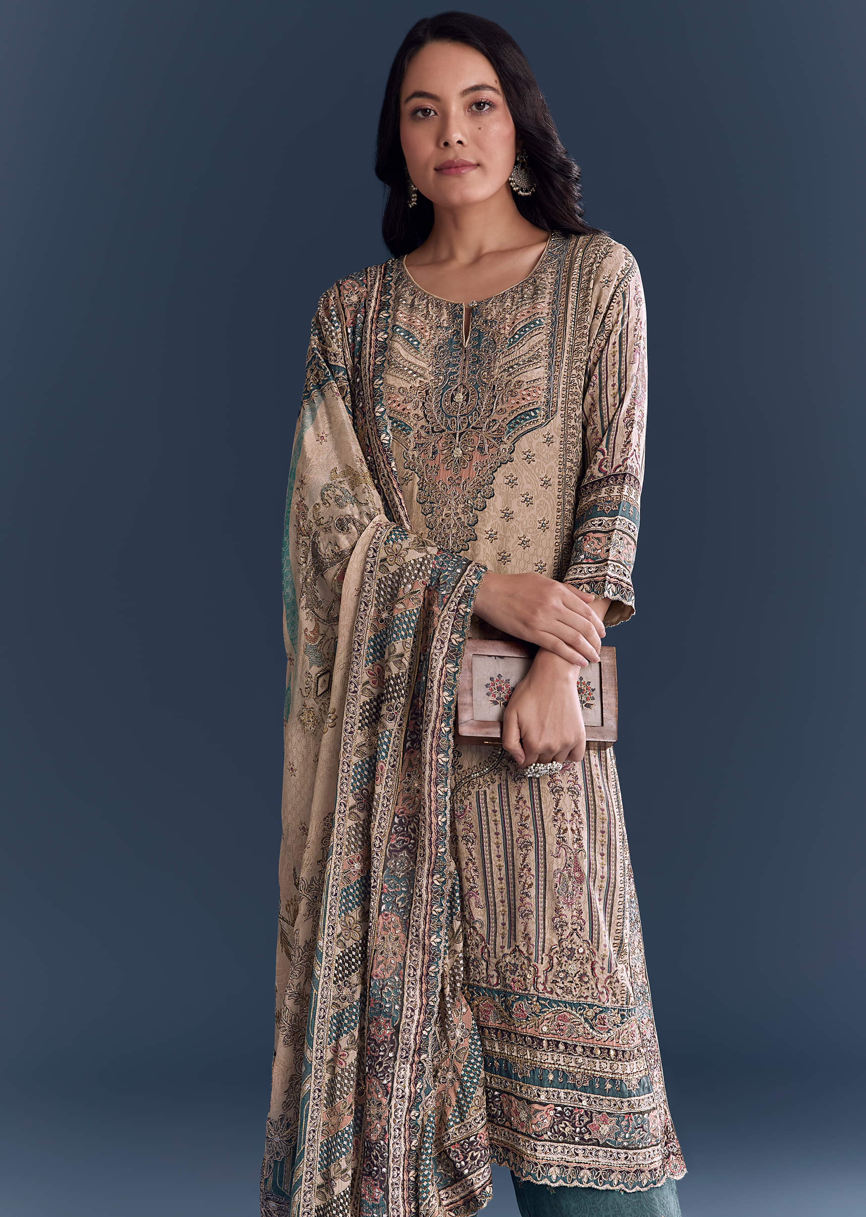 Beige Blue Ombre Crepe Kurta Set With Indie Print And Zari Work - Image 4