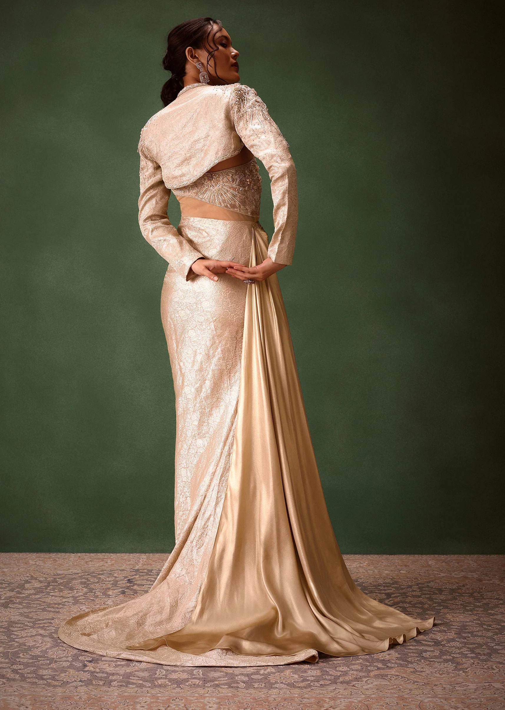 Beige Brocade Gown with Crop Jacket - Image 5