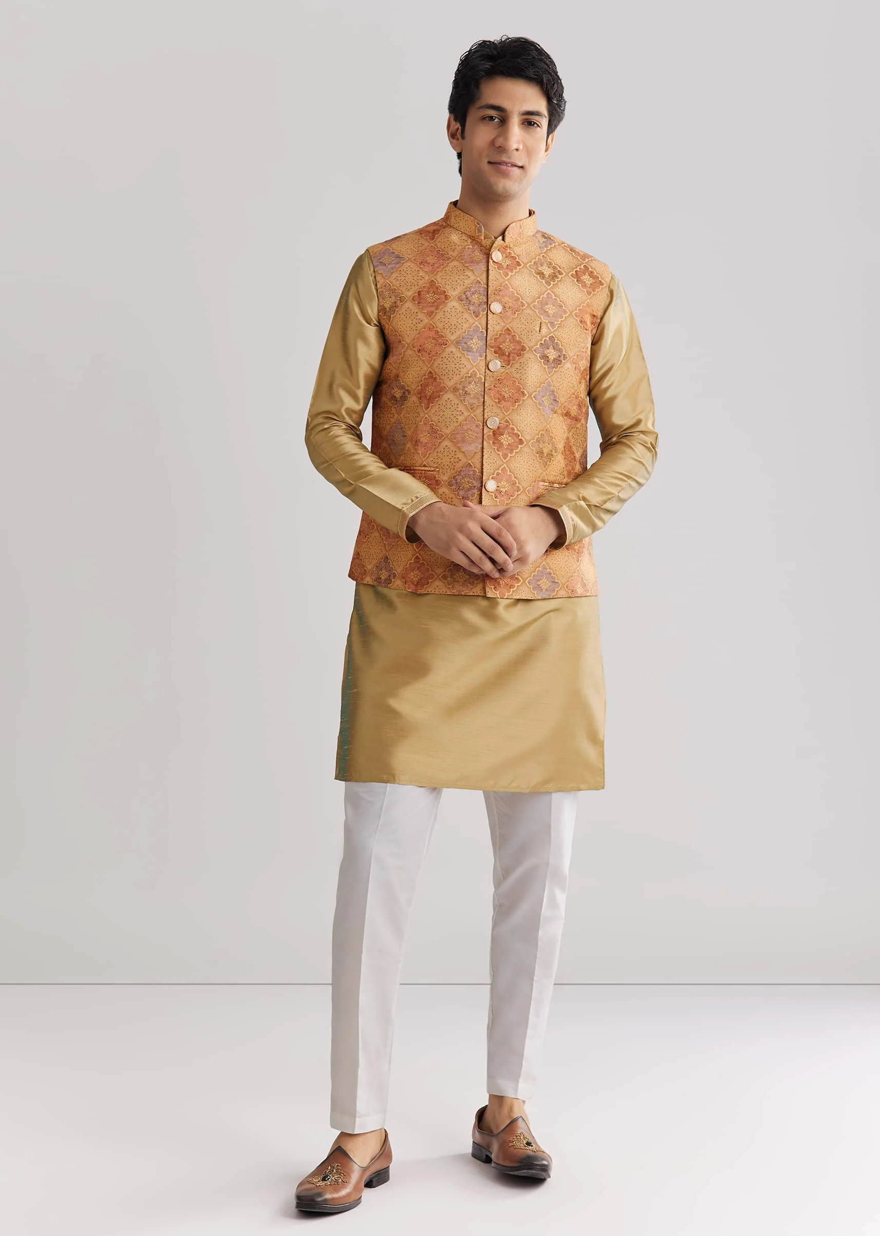 Beige Brocade Jacket Kurta Set - Image 2