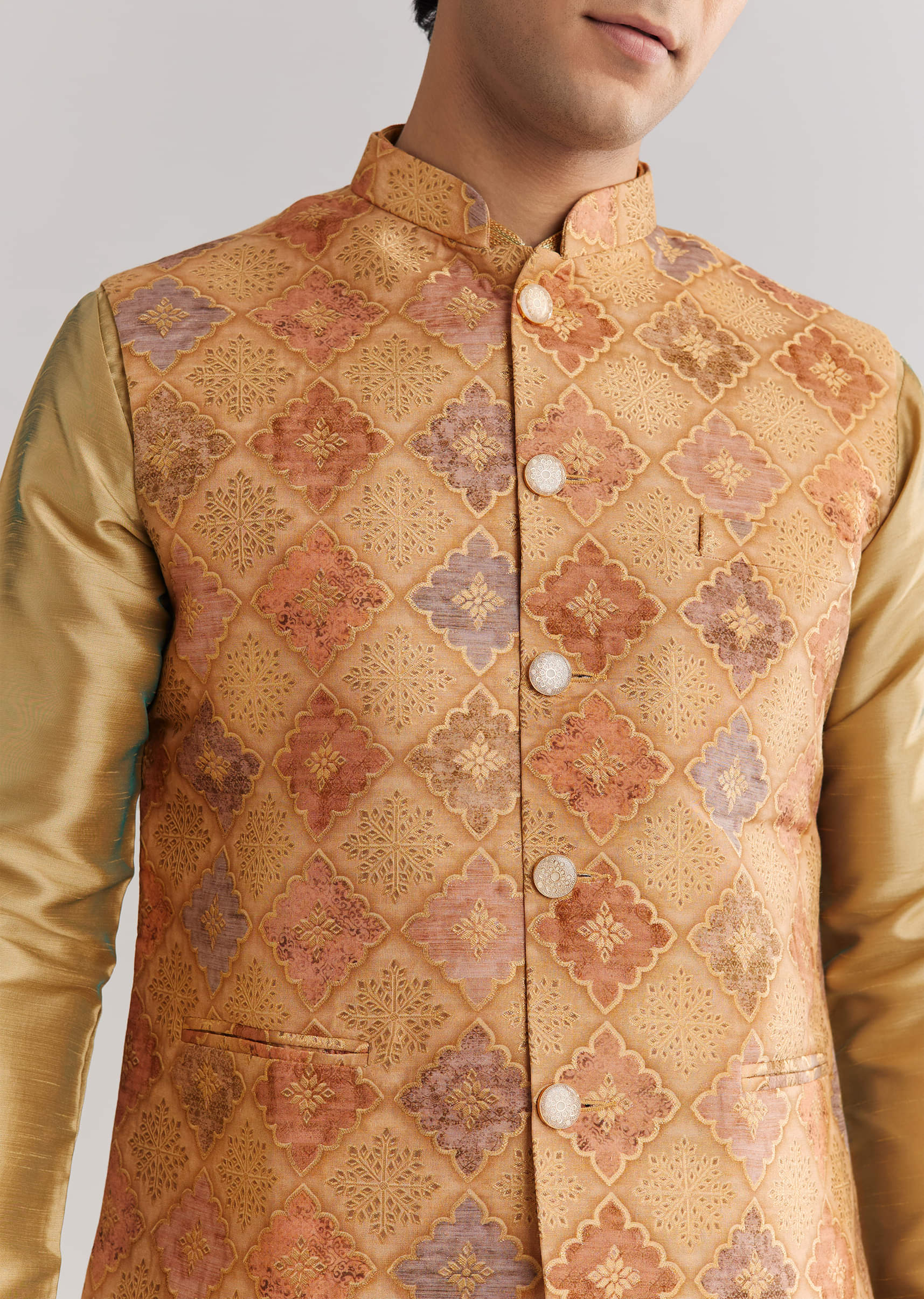 Beige Brocade Jacket Kurta Set - Image 3