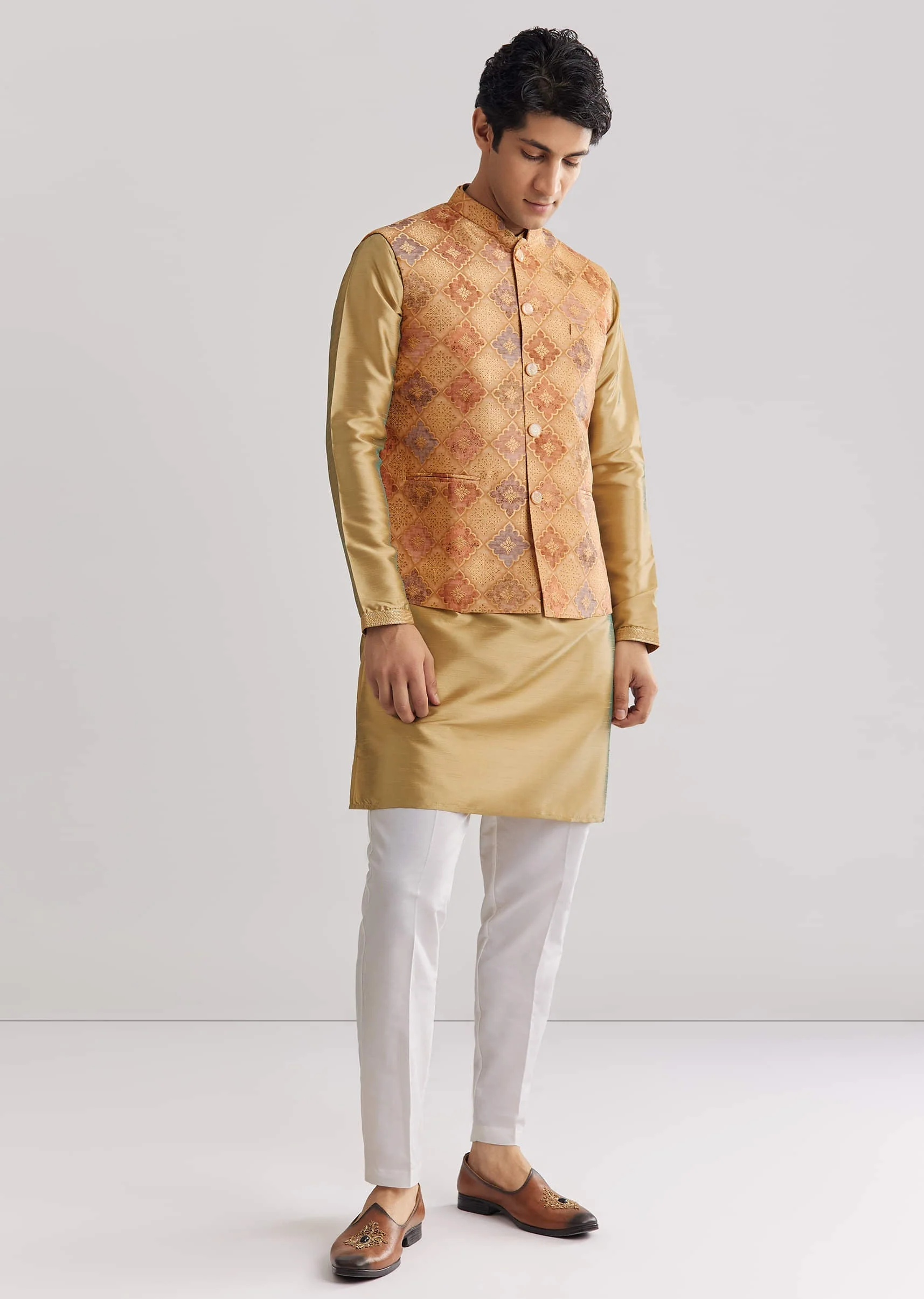 Beige Brocade Jacket Kurta Set - Image 4